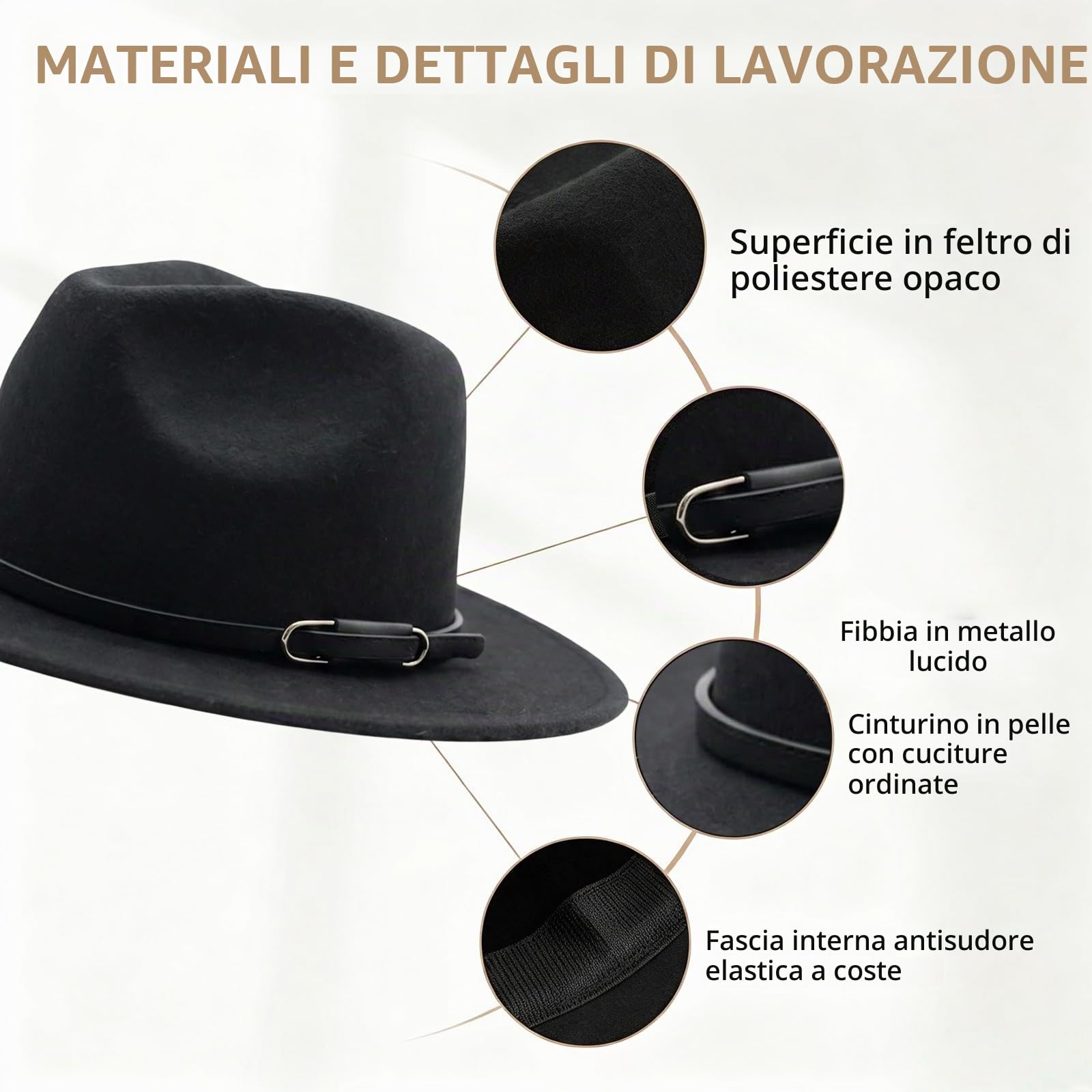 Ericotry Cappello Fedora con tesa larga – Classico cappello in feltro nero con fibbia per cintura, Trilby, Panama, stile derby, Nero , m