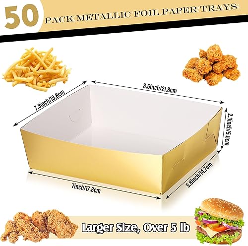 Miniatura 3 de Mifoci 50 bandejas de papel metálico dorado para fiestas, 5 libras, grandes barcos metálicos para alimentos, platos para nachos, bandejas
