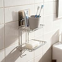 Vista 5 de Paquete de 2 jaboneras adhesivas, jabonera de acero inoxidable, estante de jabón autoadhesivo para baño, ducha, cocina (2 niveles con gancho)