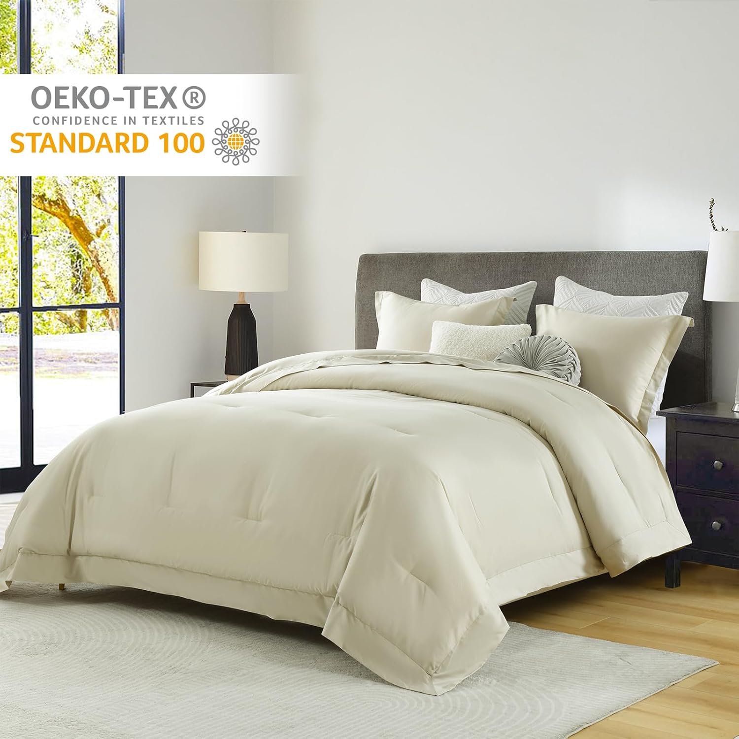 Finlonte - Queen Size Comforter Set, Super Soft Cotton Bedding with Matching Sham, Champagne Solid Outer Wide Border Minimalist Design, Vintage Bed Essentials (Champagne Beige, Queen)