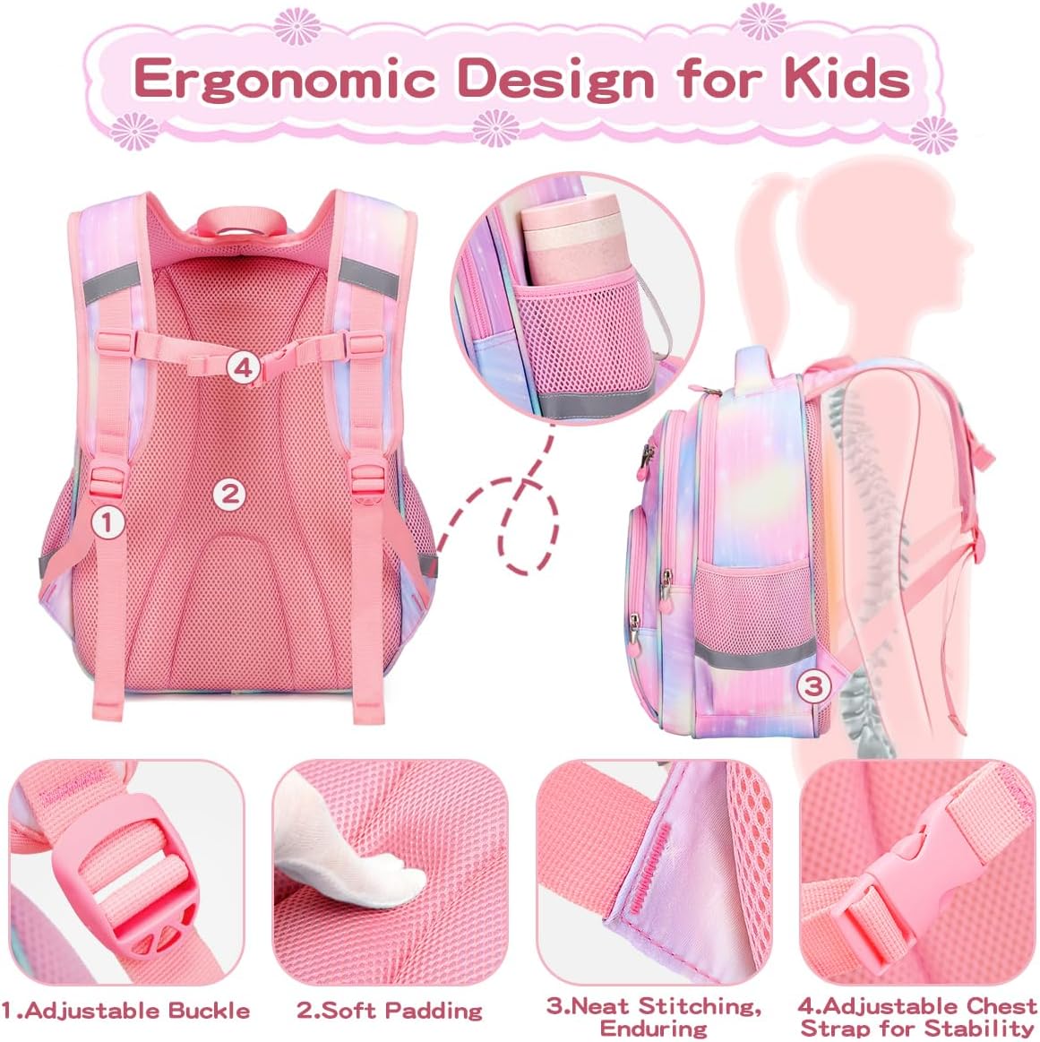 Cusangel Kids Backpack for Girls Preschool Elementary Kindergarten Mermaid School Bag 15.6″ Multifunctional Cute Large Capacity - Image 6