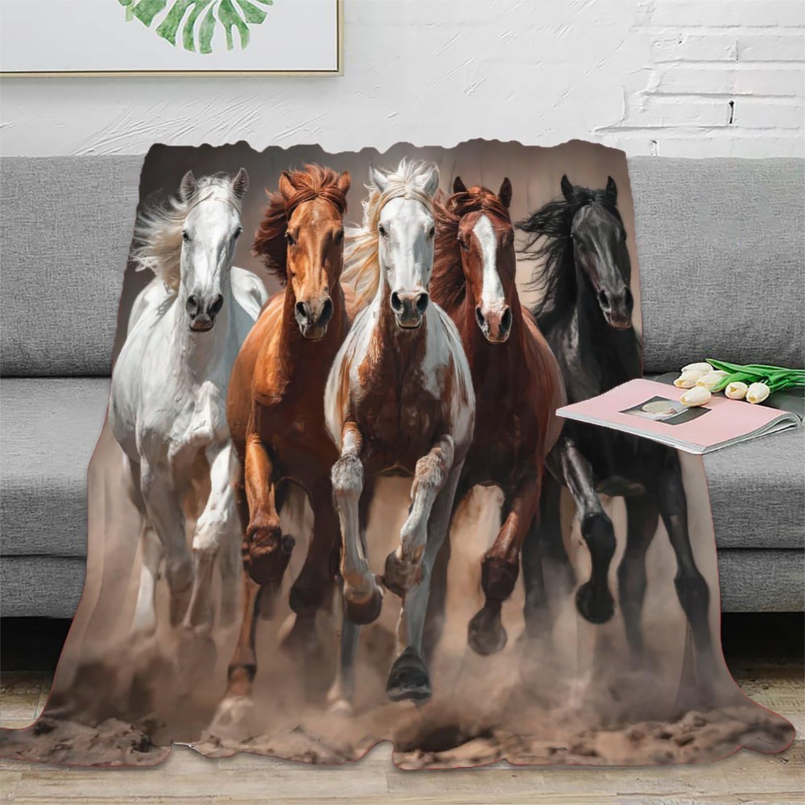Plaid de salon microfibre anti-bouloche et couverture polaire chevaux 3D 180x200