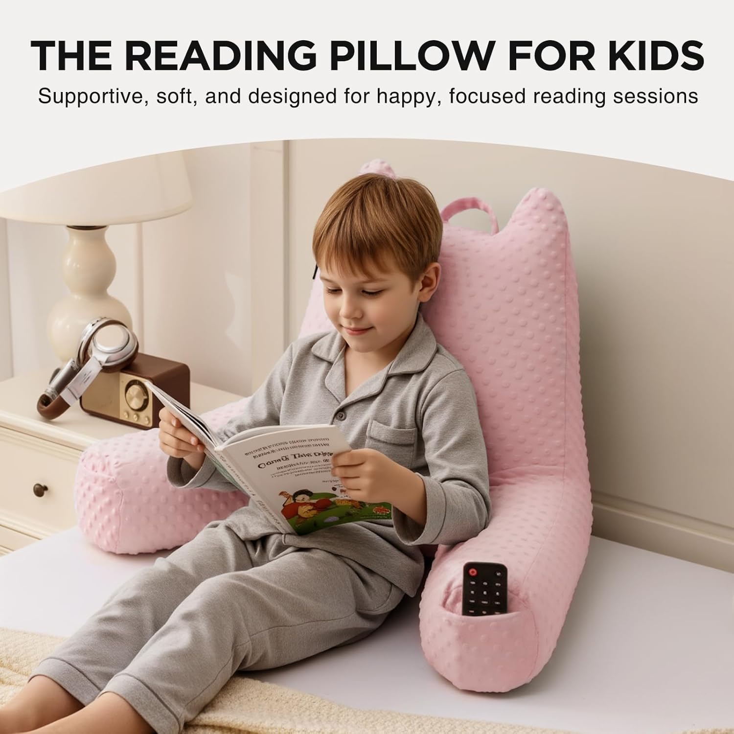Reading Pillow for Kids Sitting in Bed Couch Adult, Back Pillow for Bed Sitting Up, Back-Rest Support Cushion with Pockets and Arms, Watching TV, Relaxing, Reading, Pink