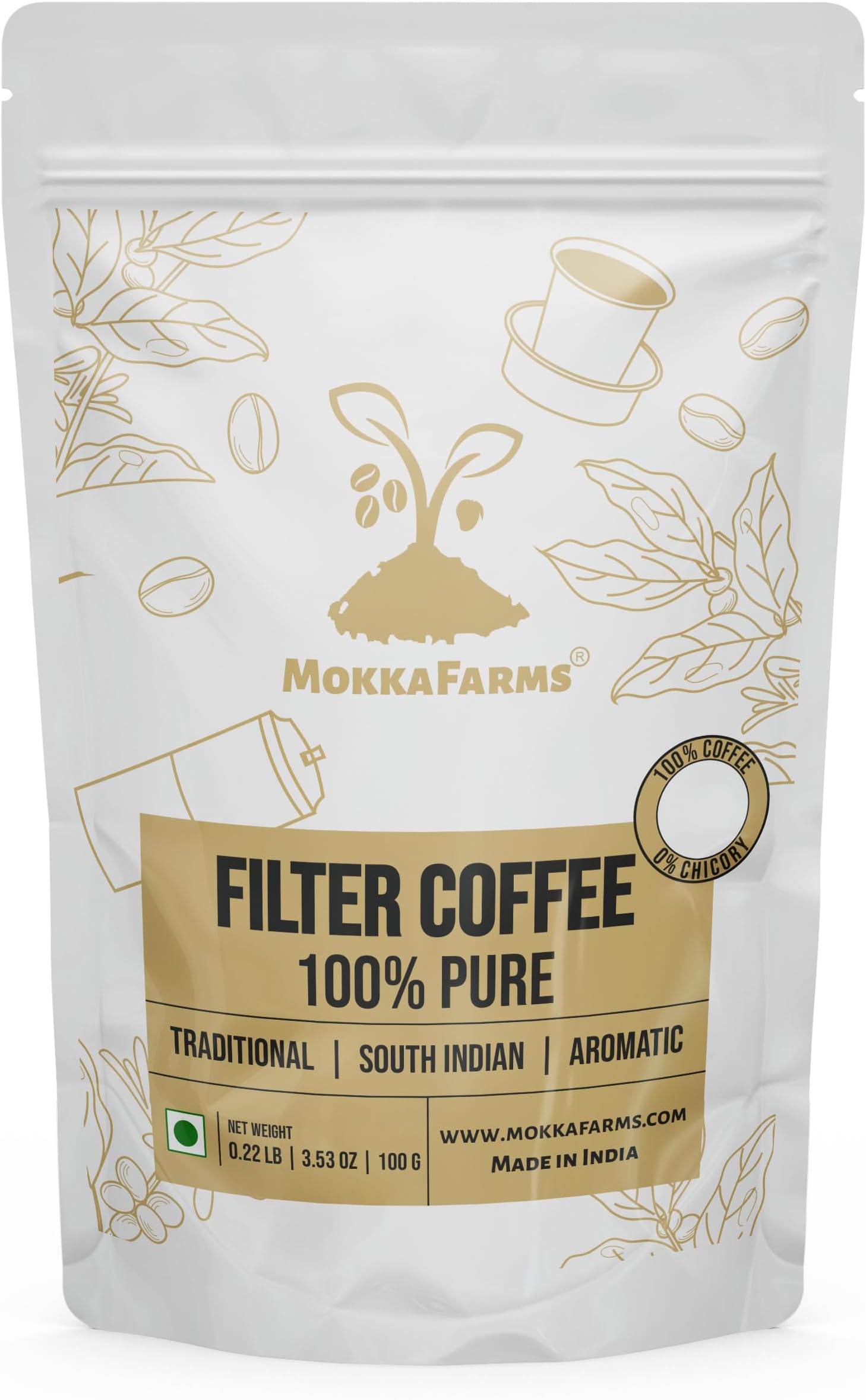 Traditional South Indian Filter Coffee 100g - 100% Pure Robusta | Fresh Roast & Ground, Strong, Aroma | Farm to Fork, Estate Coffee | One-way Valve Zip-lock Bag |