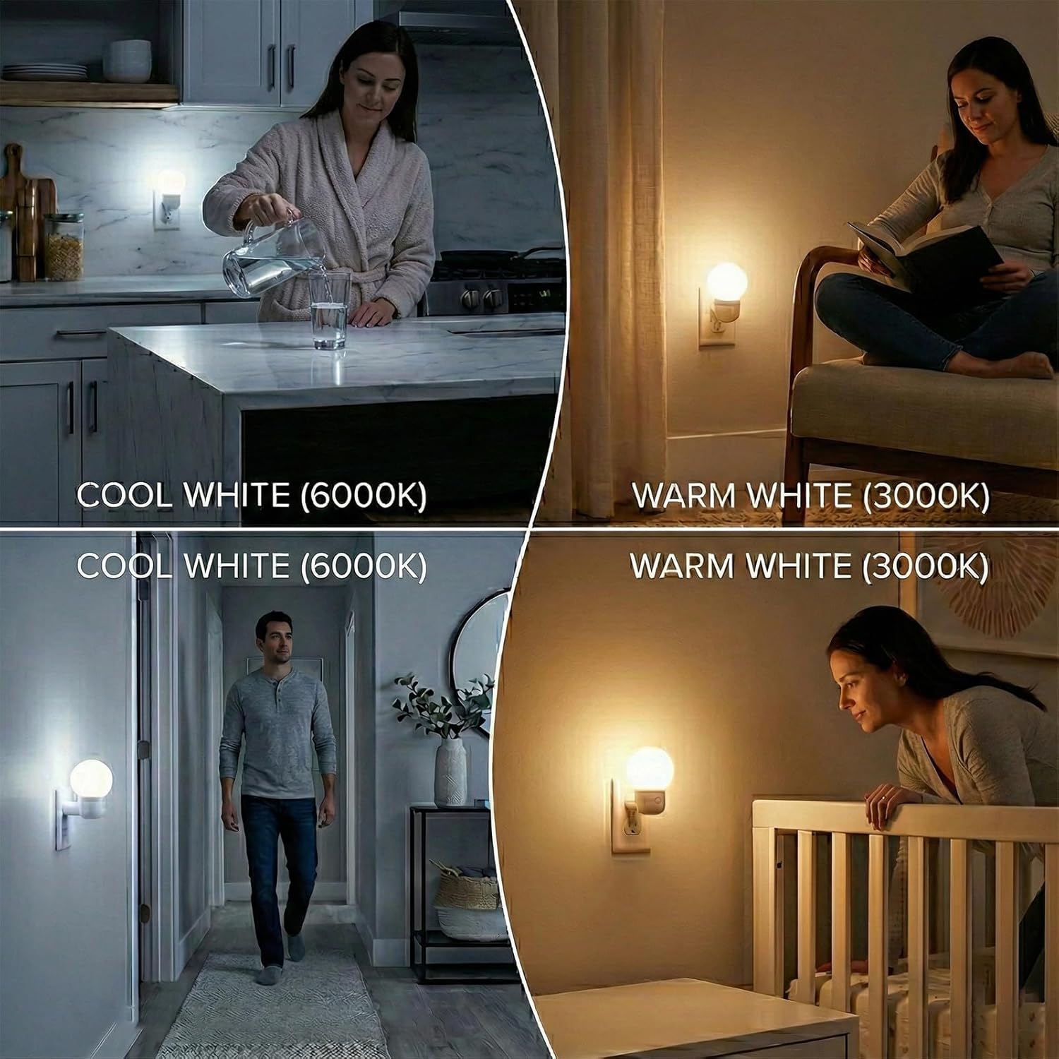 LED Night Lights Plug into Wall, Warm White/Cool White Adjustable，Tool Free Setup Plug in Night Light，1W Bright Nightlight for Adults Room Bedroom Bathroom Hallway Kitchen
