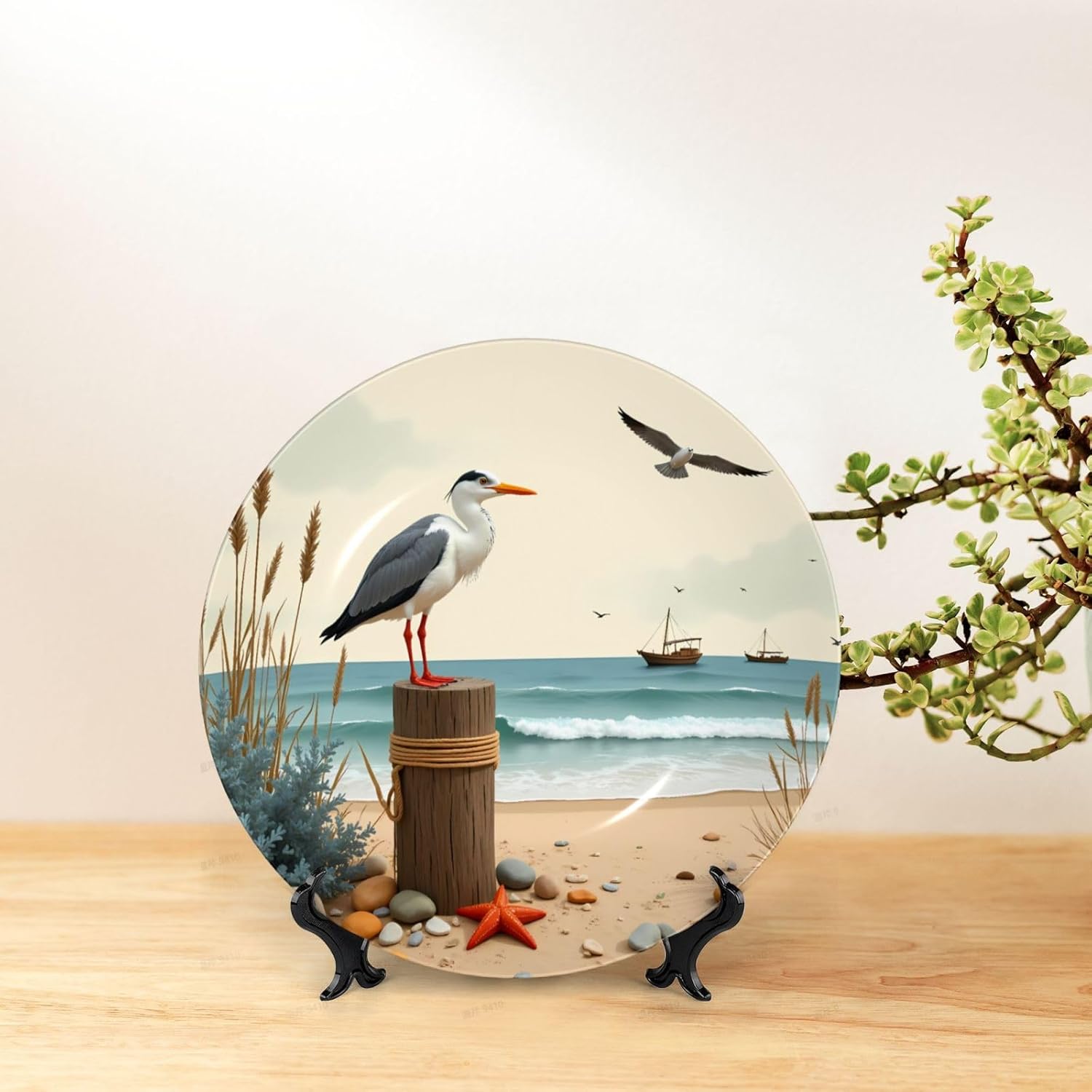 Seagull On Beach Style Ceramic Plate Display Decorative Plate With Stand Wall Hanging Plate For Home Decor 10 Inch
