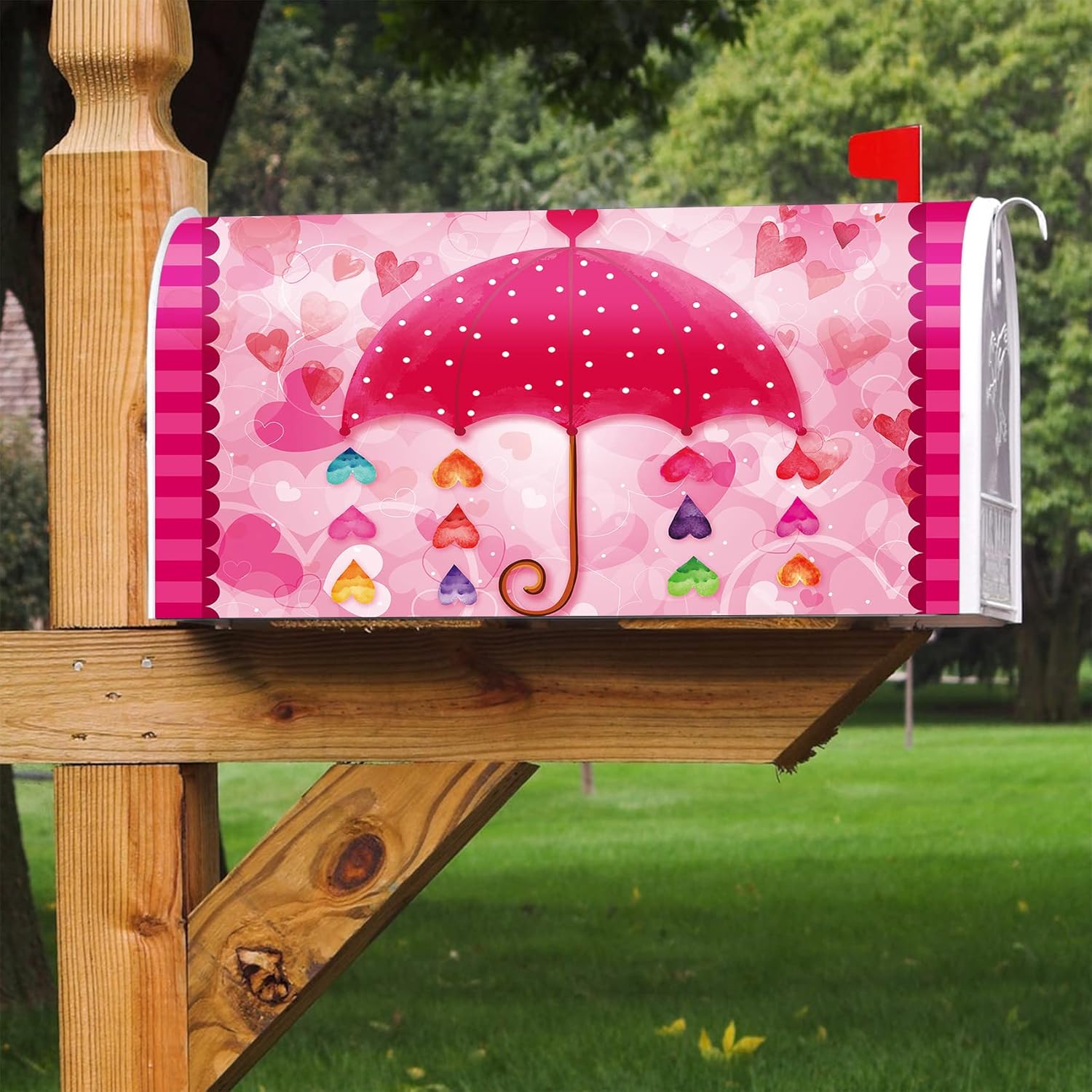 Texupday Valentine's Day Love Heart Umbrella Decoration Mailbox Cover with Magnetic Strip Holiday Mailbox Wraps Post Letter Box Cover Standard Size 21" X 18" for Garden Outdoor Yard Decor