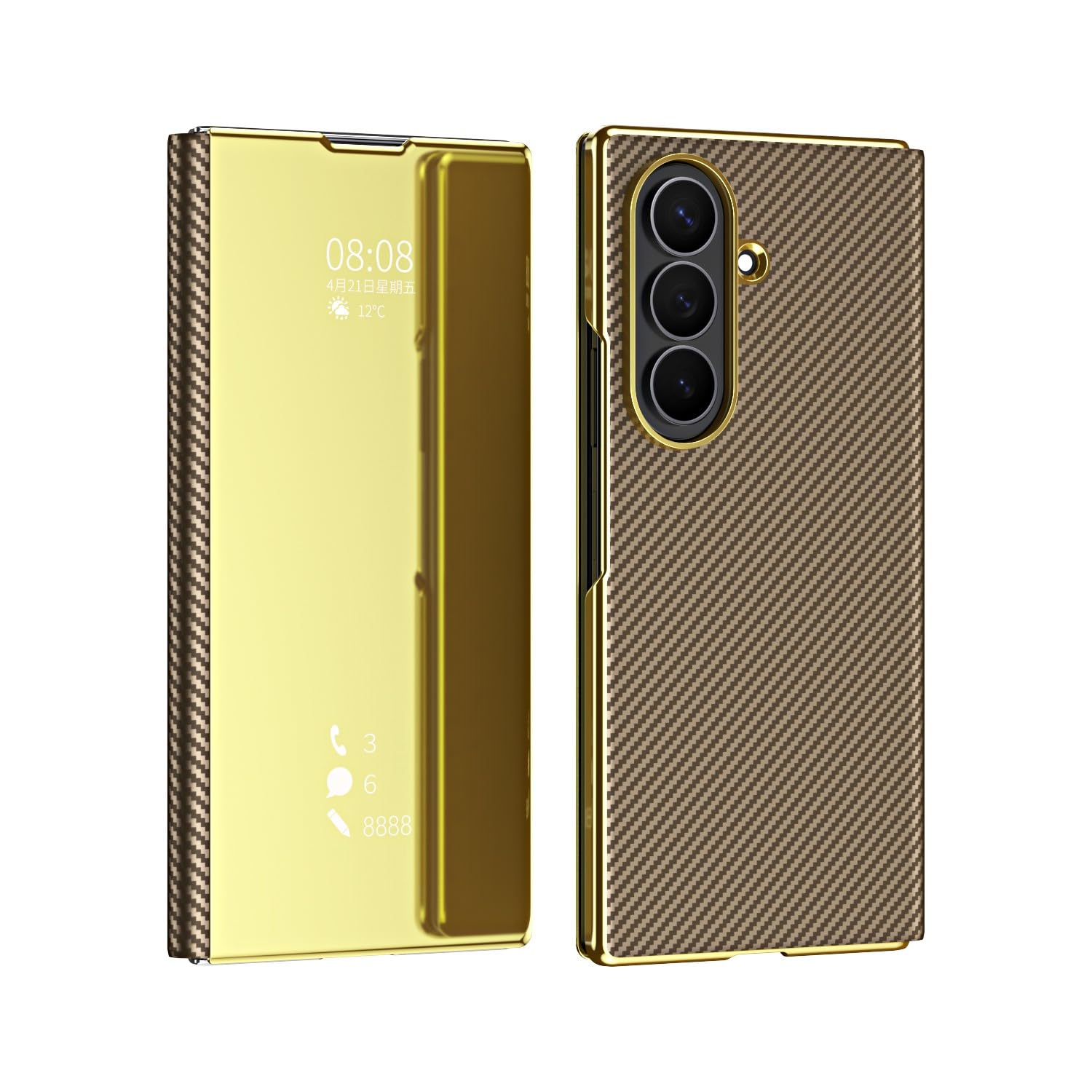 Generic Funda compatible con Samsung Galaxy Z Fold 6 (color: dorado) de fibra de carbono magnética con espejo trasero duro Smart View Flip Stand Case