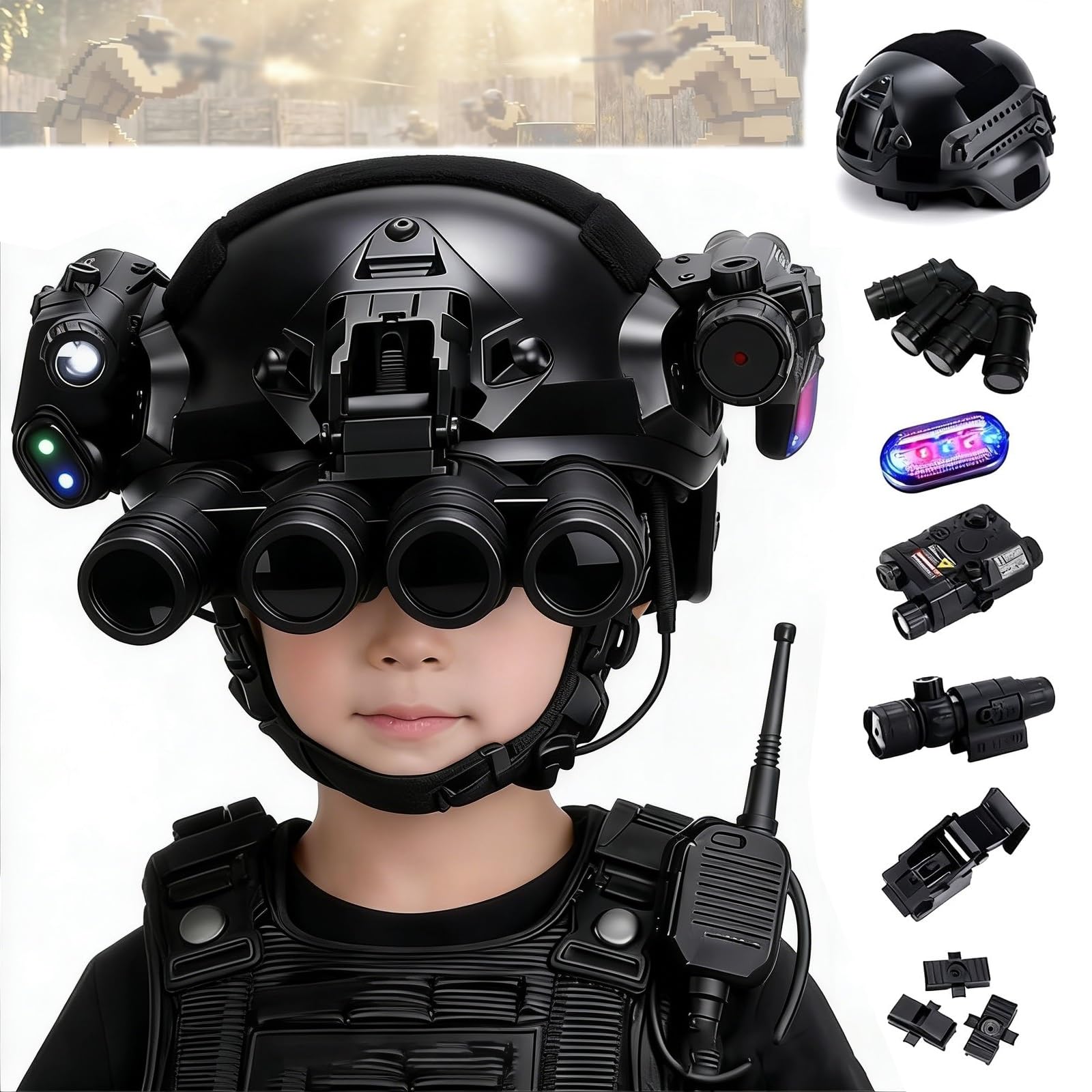 Taktisches Helmset for Kinder Mit 4-Augen-Nachtsichtmodell, Taschenlampe Und NVG-Halterung, Multifunktionaler Kampfhelm for Airsoft, Cosplay, Outdoor-Spiele