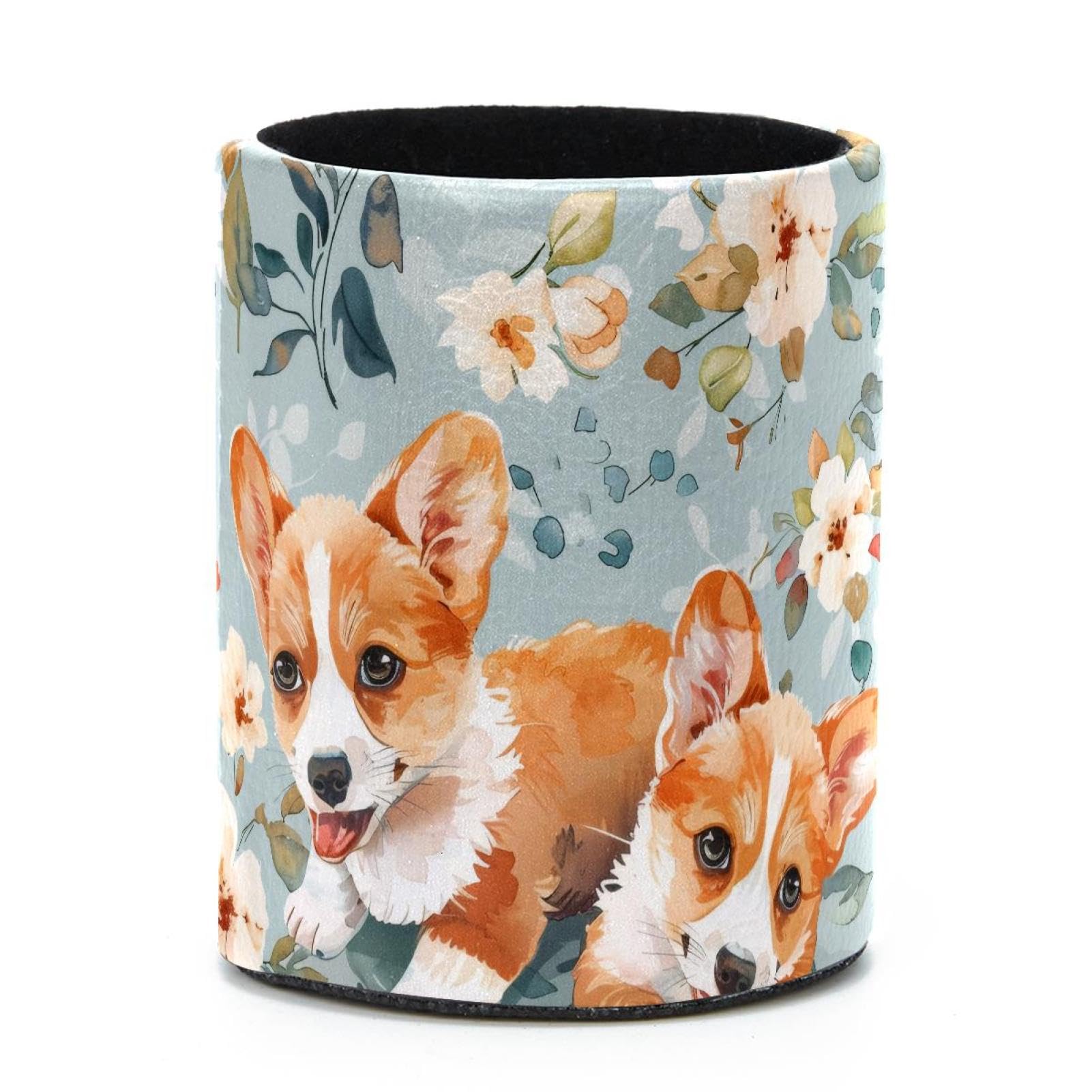 VAPOKF Round Pencil Holders for Desk, Corgi and Floral Pen Holders Pen Pot Makeup Brushes Storage Desktop Stationery Supplies Organiser for Home Office