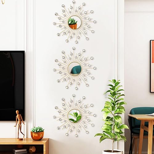 Miniatura 4 de Uaussi - Juego de 3 espejos de cristal con diseño de rayos de sol para pared, espejos con strass decorativos para el hogar, obra de arte para pared