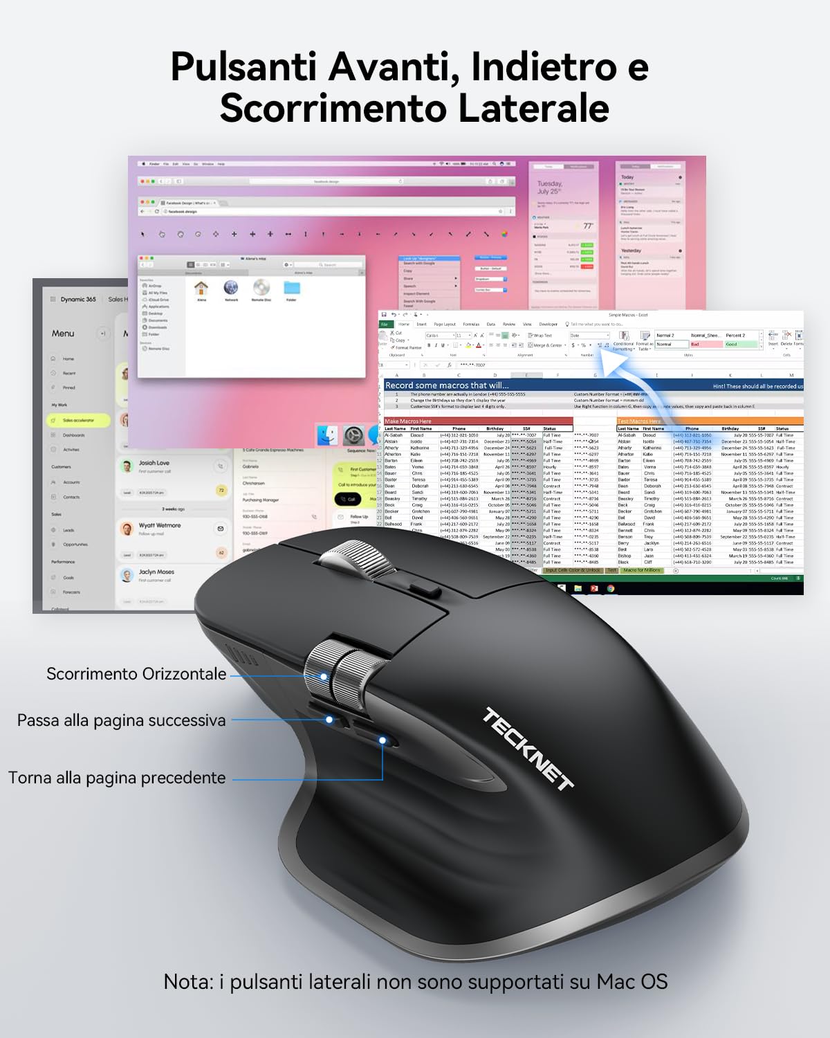 TECKNET Mouse Wireless Bluetooth ad Alte Prestazioni (BT5.3/5.0+2.4G), Rotella di Scorrimento Orizzontale, Design Silenzioso, 4800 DPI Mouse Ergonomico Ricaricabile per PC/Tablet/MacOS/Windows, Nero