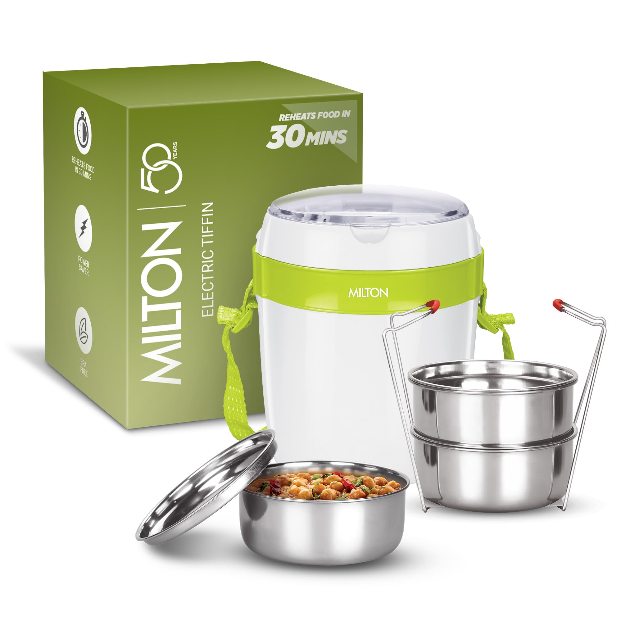 MILTON Futron Portable Electric Lunch Box I 3x360 ml Stainless Steel Conatiner I Auto Shut Off I Cool Touch Shock Proof Body I Perfect Hot Food for Office, Hostel, Travel I White