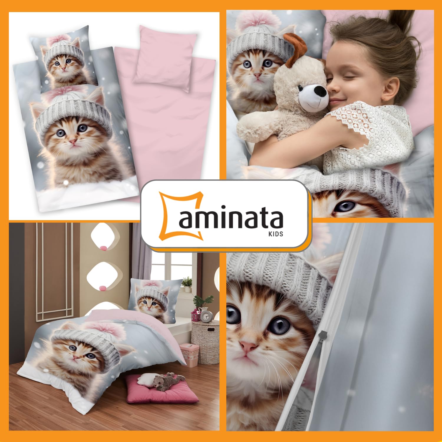 Aminata kids - Biberbettwäsche 135x200 Katzen-Motiv für Mädchen, Rosa grau, 100% Baumwolle, Reißverschluss - Warm, Weich & Kuschelig - Flanellbettwäsche