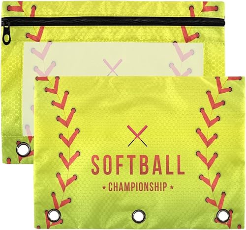 Estuche para lápices de campeonato de sóftbol para 3 anillas, bolsa transparente para lápices con cremallera suave, costuras rojas, estuche para