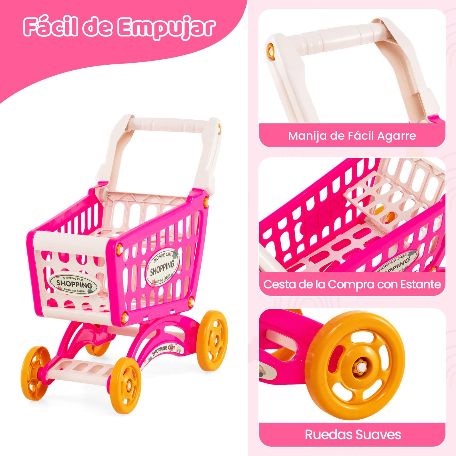 GOPLUS Supermercado para Niños con Mostrador, Carrito de Compras y Cesta, Balanza Simulada, Caja Registradora con Luz y Sonido, Supermercado de Juguete con 76 Accesorios para 3+ Años (Rosa)
