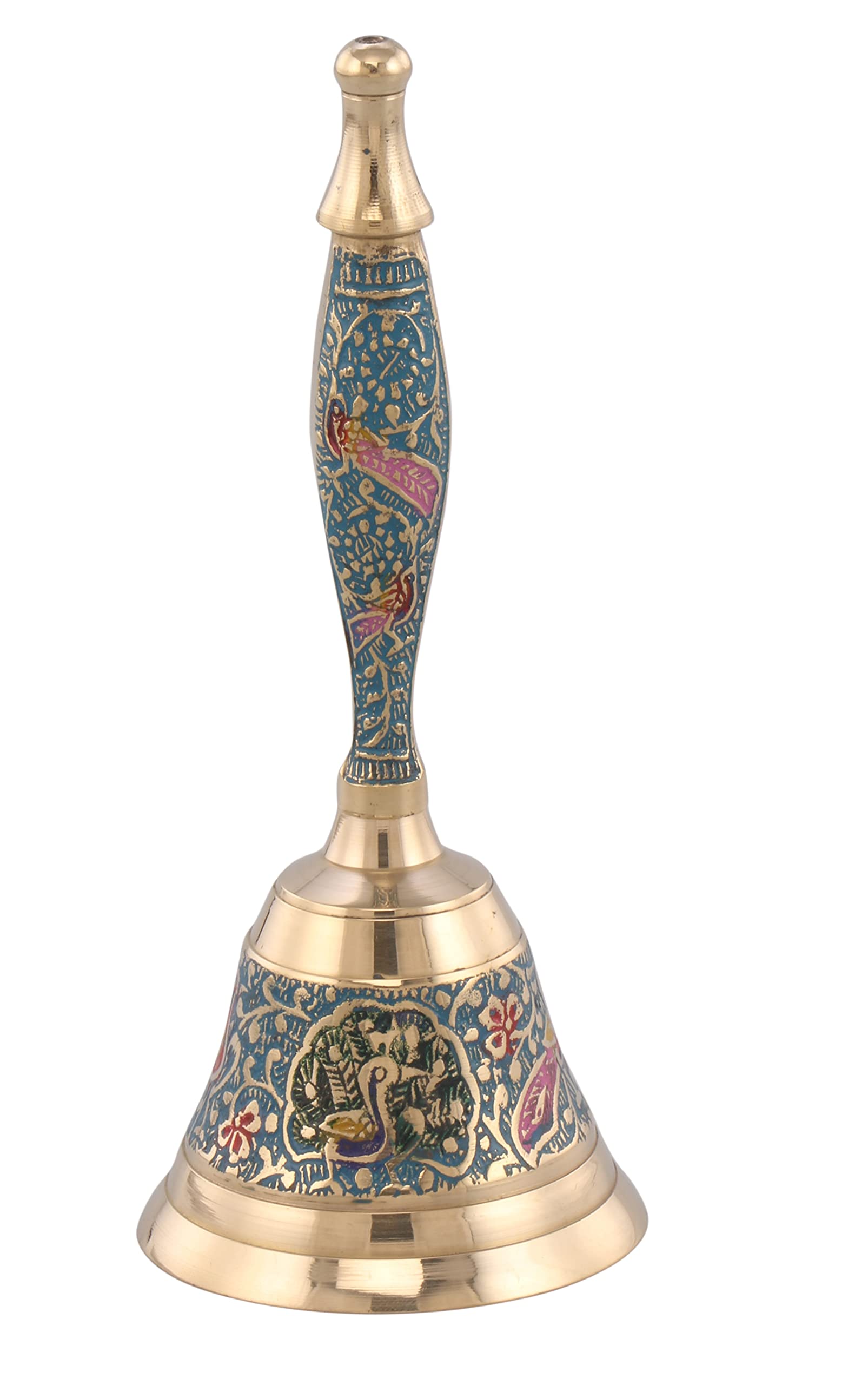 E-Trends Brass Designer Embossed Printed Hand Bell for Home Pooja | Temple (Size:7 Inch) (Blue, 1)