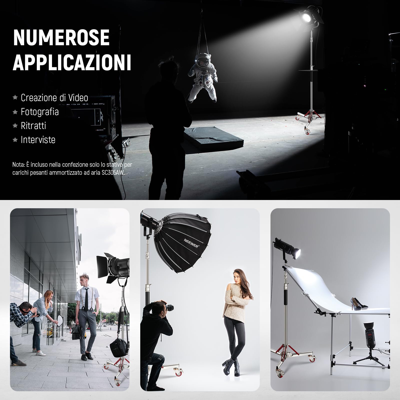 Neewer Supporto per luce ammortizzato ad aria con ruote, supporto regolabile per treppiede, in acciaio inox, supporto con ruote per flash da studio, softbox, riflettore monolight, SC305AW