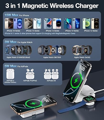 Miniatura 4 de Cargador inalámbrico plegable 3 en 1 certificado Qi2, compatible con estación de carga MagSafe, soporte de cargador rápido de 15 W para iPhone 17,