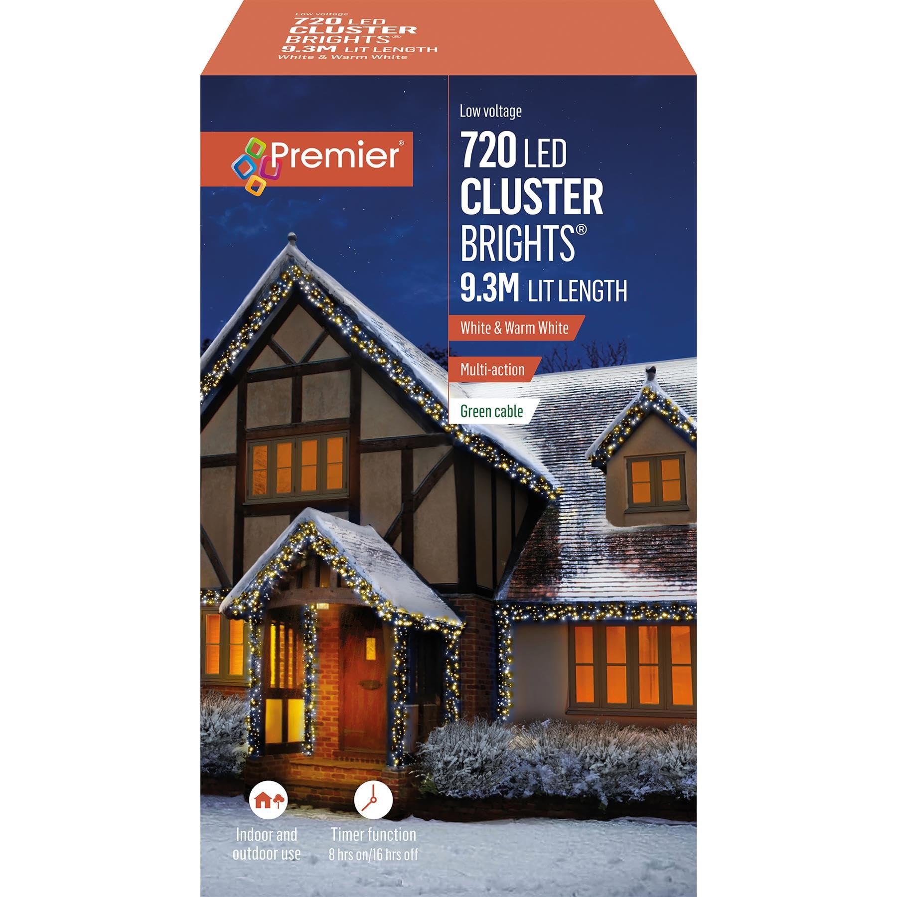 Premier - 720 LED White and Warm White Mix, Multi-Action Christmas Cluster Lights with Timer, 9.3m