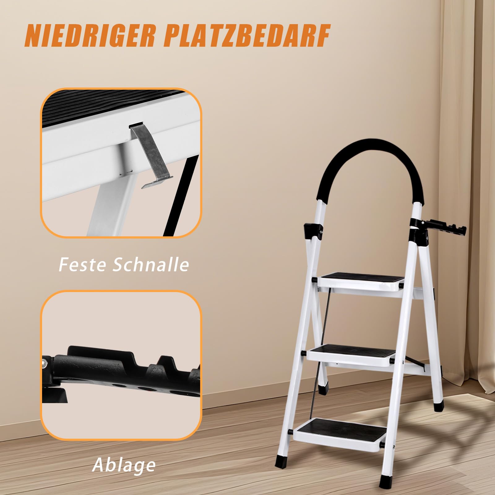 Escabeau Pliant 3/4/5 Marches, échelle Pliable Portable, Structure en Acier avec Pieds Antidérapants, Capacité de Charge Maximale 180kg, 104 x 57 x 41,5 cm – 3 étapes (Blanc)