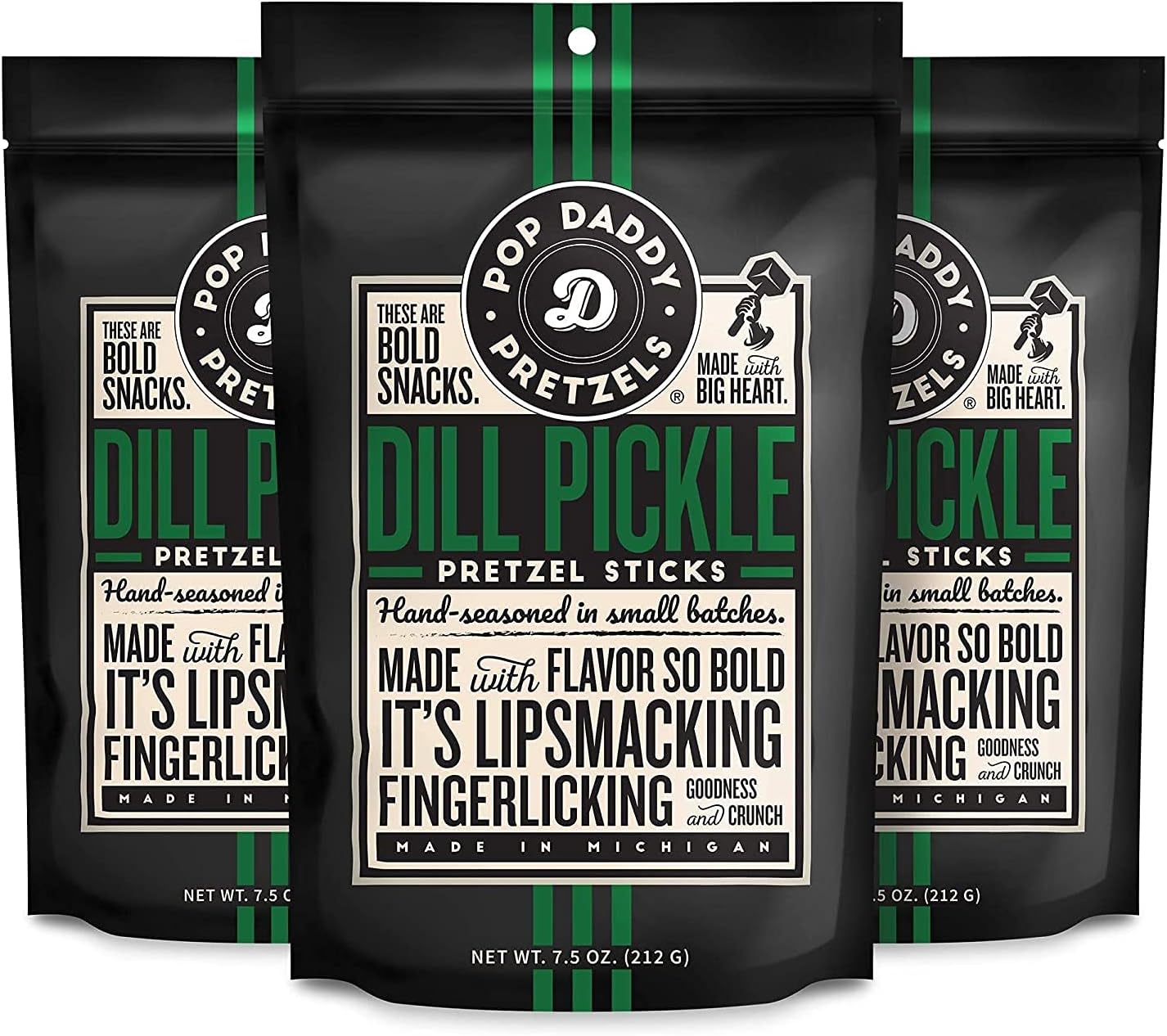 Pop Daddy Flavored Pretzels Sticks, Healthy Gourmet Pretzels Snacks, 7.5oz Individual Bags, 3 Pack, Dill Pickle