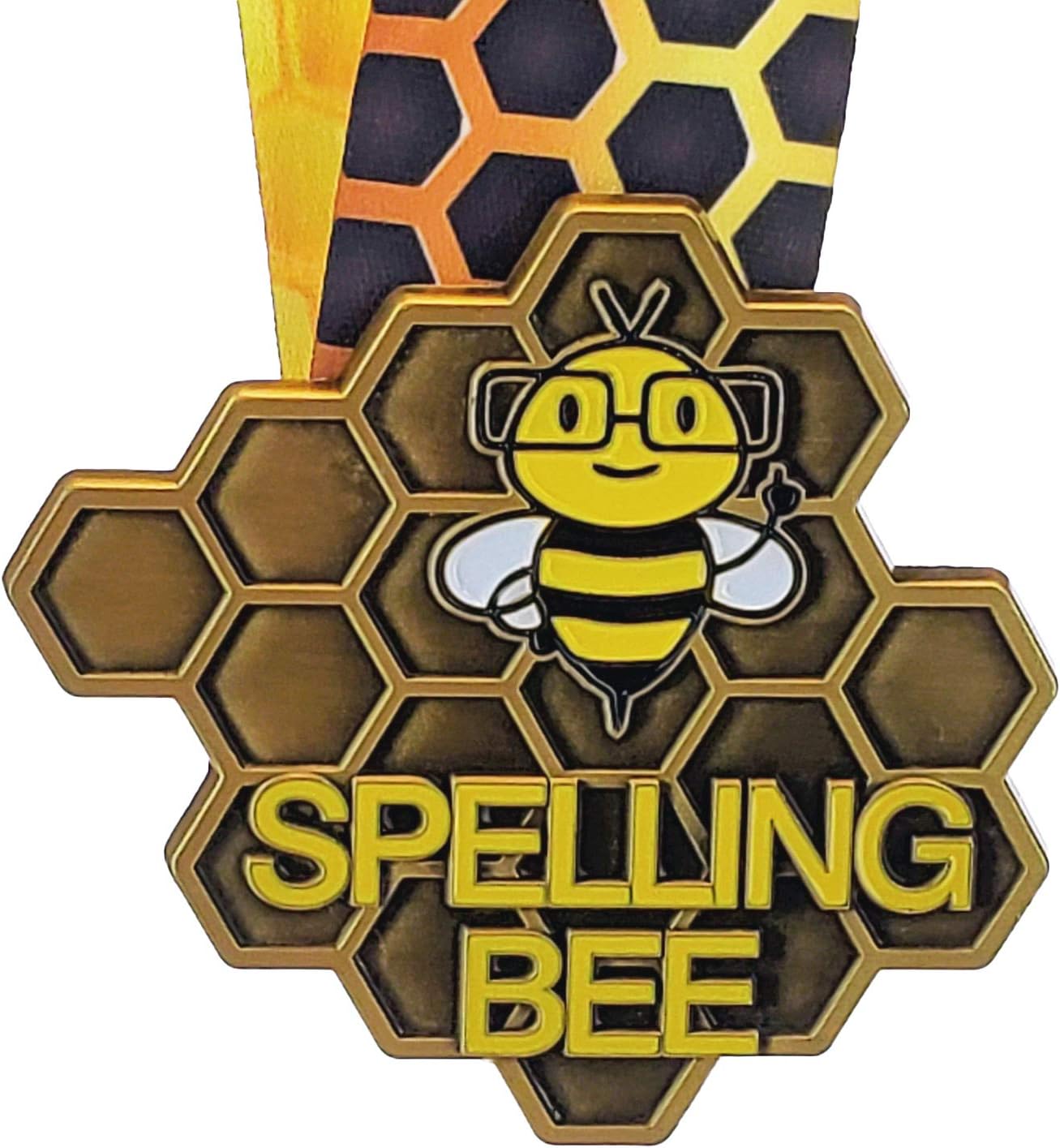 Decade Awards Spelling Bee Honeycomb Medal - Gold, Silver or Bronze - Spelling B Medallion with Honeycomb Neckband - 3.25 Inch Wide