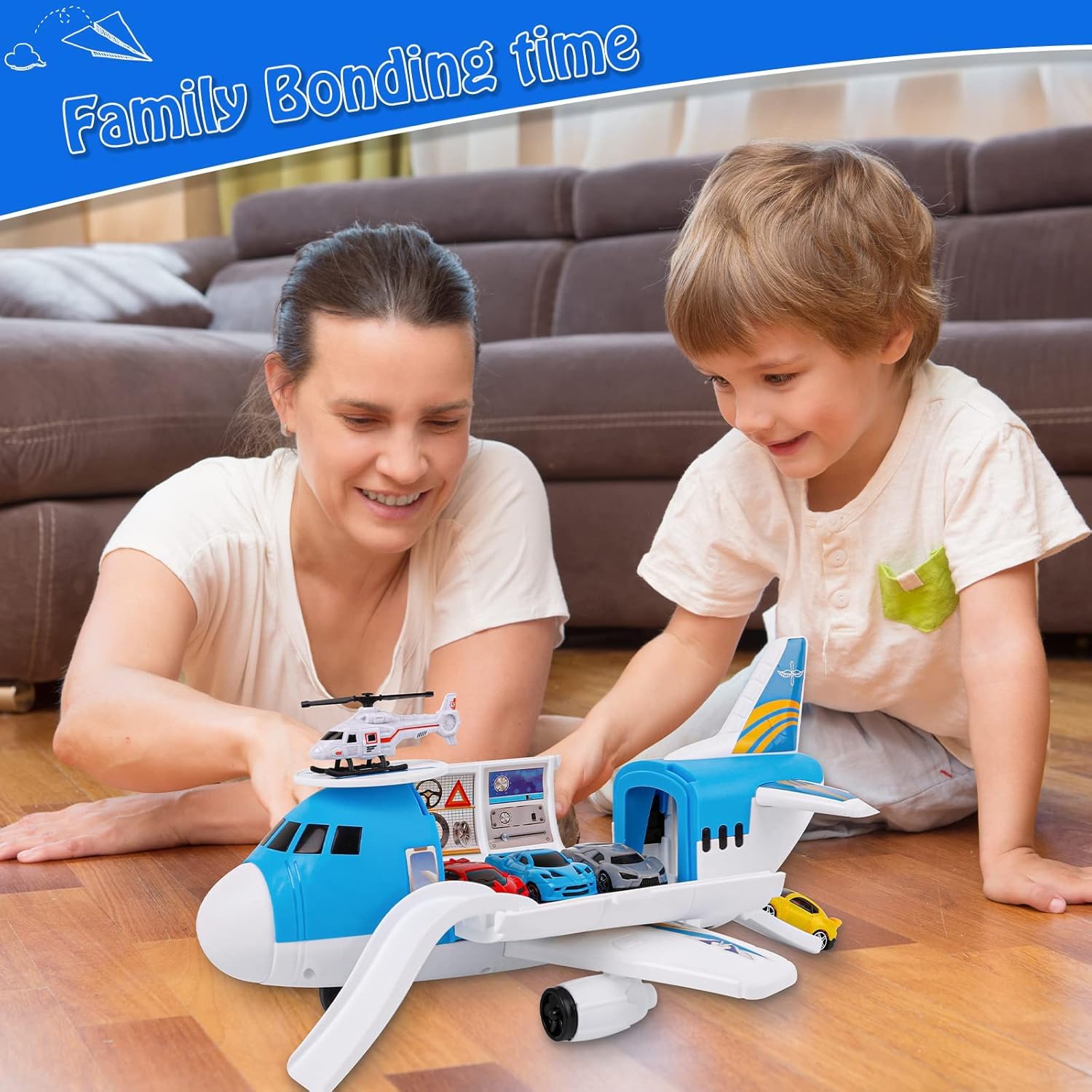 m zimoon Avions Jouets Transporteur Ensemble avec 4 Voitures, 1 pièces Hélicoptère Jouet et 1 Bricolage Autocollants Cadeau pour 3-12 Ans Garçons Filles