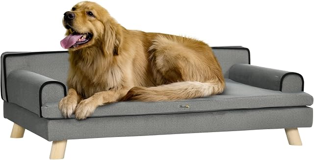 PawHut Dog Sofa with Legs Water-resistant Fabric, Pet Chair Bed for Large, Medium Dogs, Grey, 100 x 62 x 32 cm