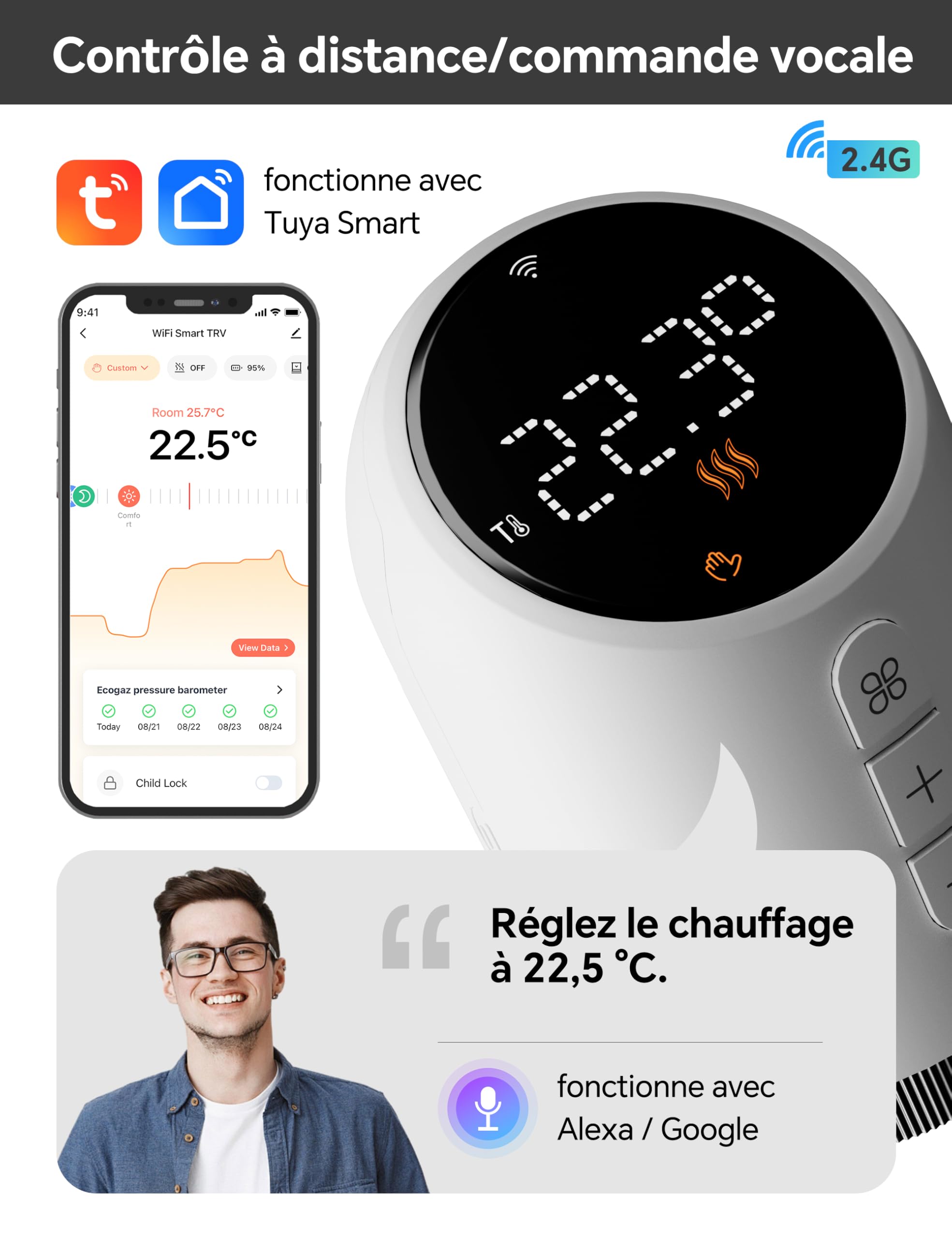 Beok Tête Thermostatique Connectée et Intelligente pour radiateur Eau,WiFi | Compatible Tuya/Smart Life APP, Compatible Alexa/Google Home, Vanne Thermostatique Radiateur, Intelligente