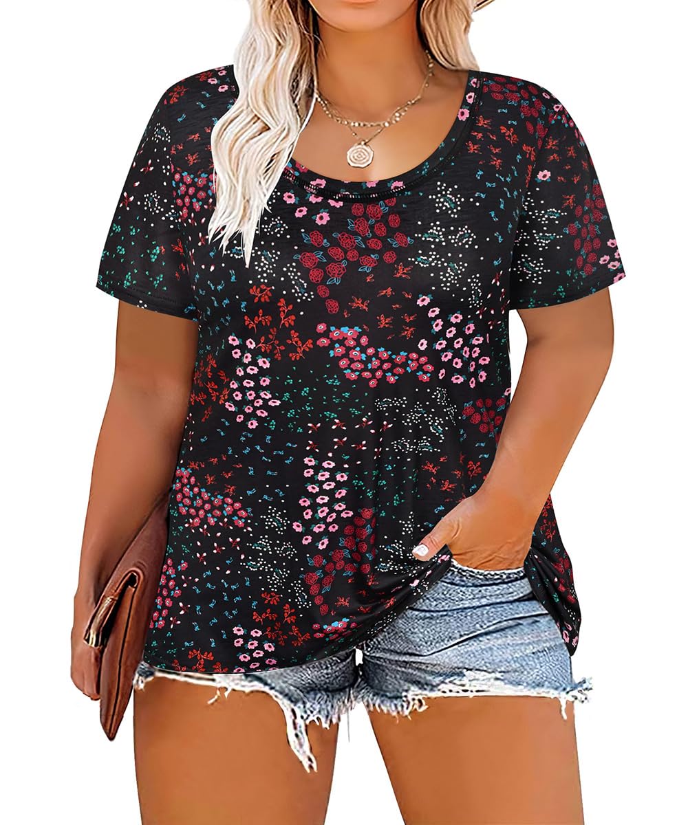 CARCOS Plus Size Tops for Women Short Sleeve Shirt Summer Star/Leopard/Tie Dye/Flower Crewneck Pullover Tunic XL-5XL
