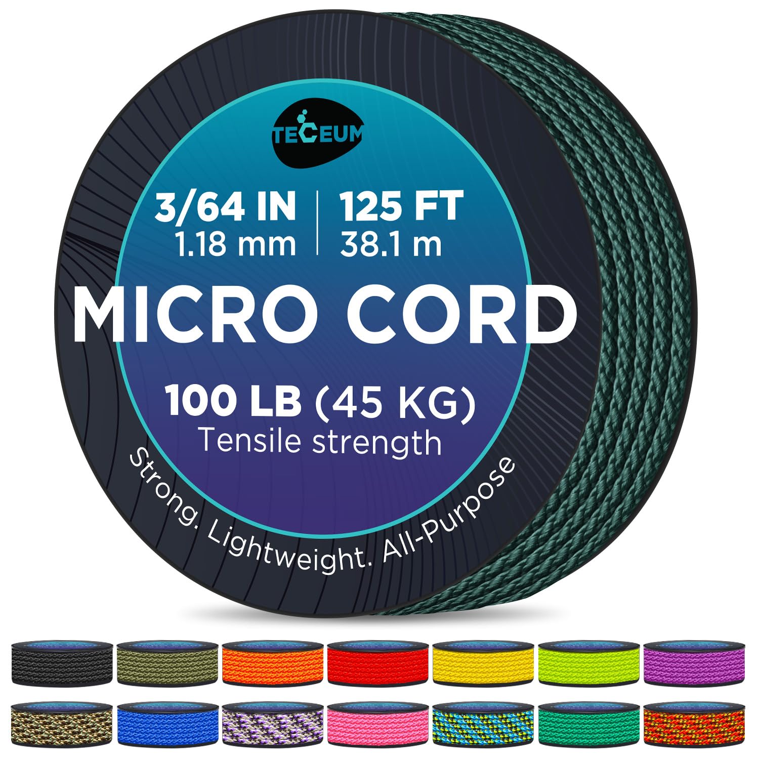 MICRO PARACORD: 1.18 mm thick. Color: Dark Emerald Green. Length - 38.1 m (125 ft). Tensile Strength: 45.35 kg (100 LB). Thin, lightweight and strong. Convenient spool (77.98 mm x 77.98 mm). โ image 1