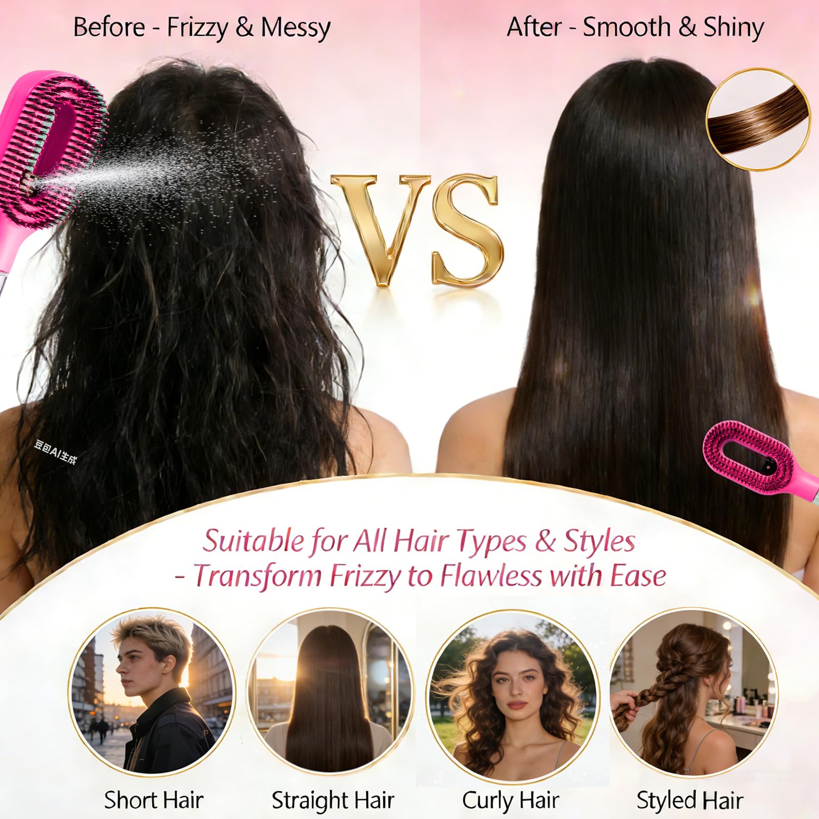 2-in-1 Hair Brush with Water Spray and Fine Mist Detangler