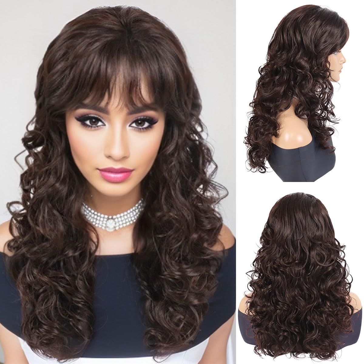 GNIMEGIL 22 Inches Long Curly Brown Wigs Female Premium Synthetic Hair Replacement Full Wig with Bangs Heat Resistant Natural Wigs for White Women Halloween Vintage Costumes and Daily Wear