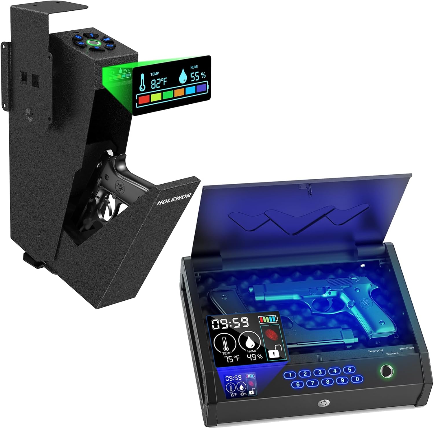 HOLEWOR Biometric Gun Safe, showing both bedside and drop-down models with LCD displays.