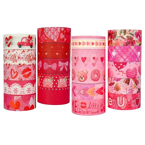 Zellykool Juego de 20 rollos de cinta washi para el día de San Valentín, diseño de corazón rojo, rosa, dulce, cinta adhesiva decorativa para