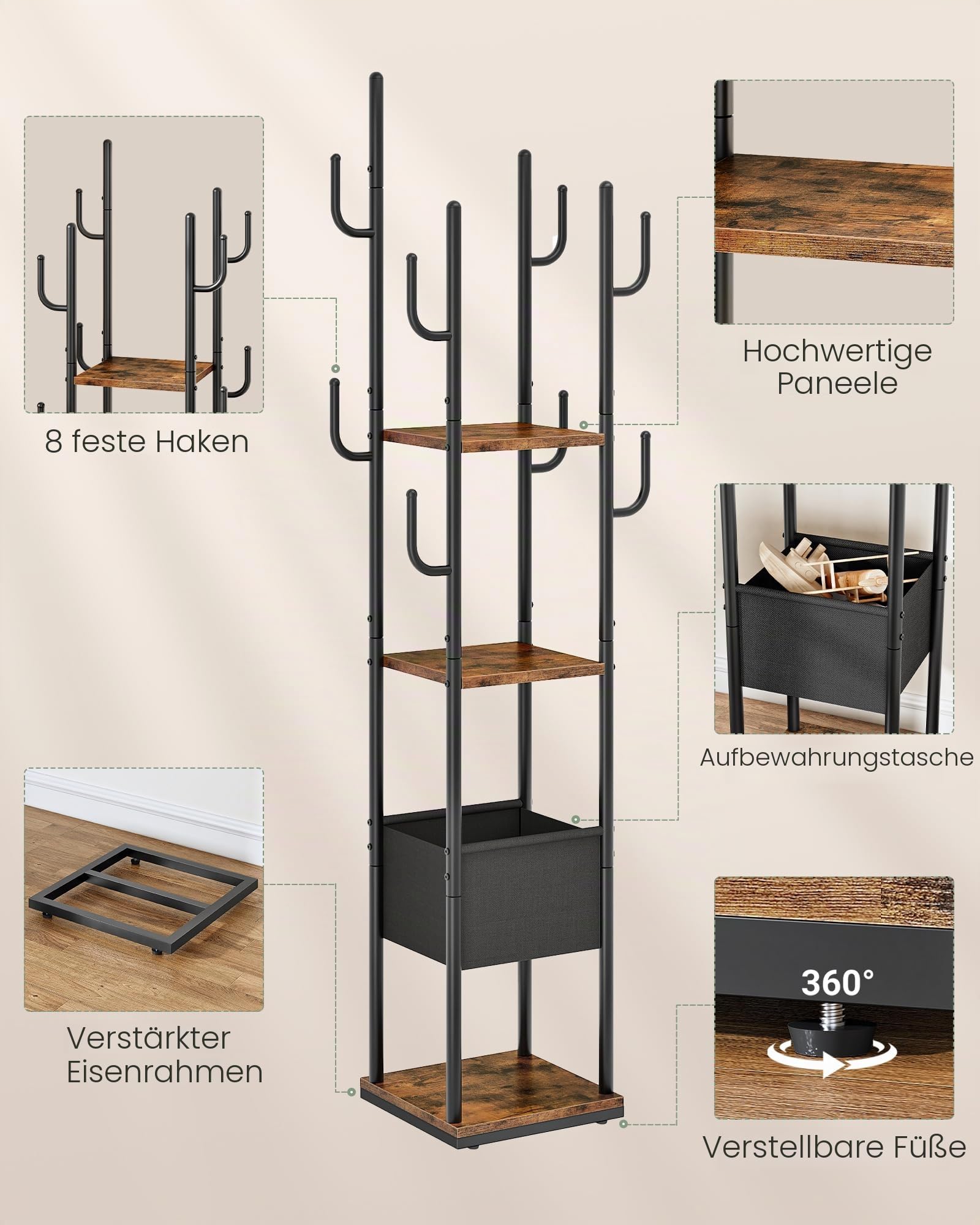 CHOEZON Kleiderständer, Garderobenständer mit Kleiderstange und Haken, Garderobe mit Ablagen, Vielseitiger Coat Rack, für Schuhe, Kleidung, Taschen, Hüte, Vintagebraun und Schwarz DTYM03BF