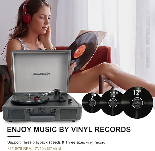 Miniatura 3 de Tocadiscos de vinilo, 3 velocidades Bluetooth portátil con altavoces integrados, auriculares, entrada AUX, reproductor de vinilo de línea RCA para