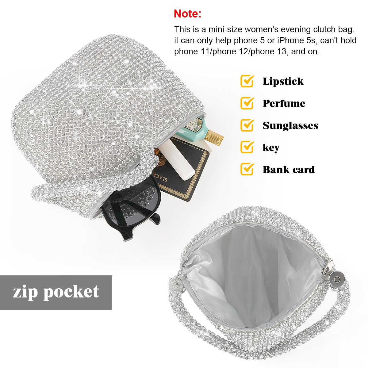 Torebka wieczorowa z cyrkoniami, błyszcząca kopertówka damska, torebka wieczorowa z aluminiowymi perłami na bal, wesele, zaręczyny, Srebrny, L