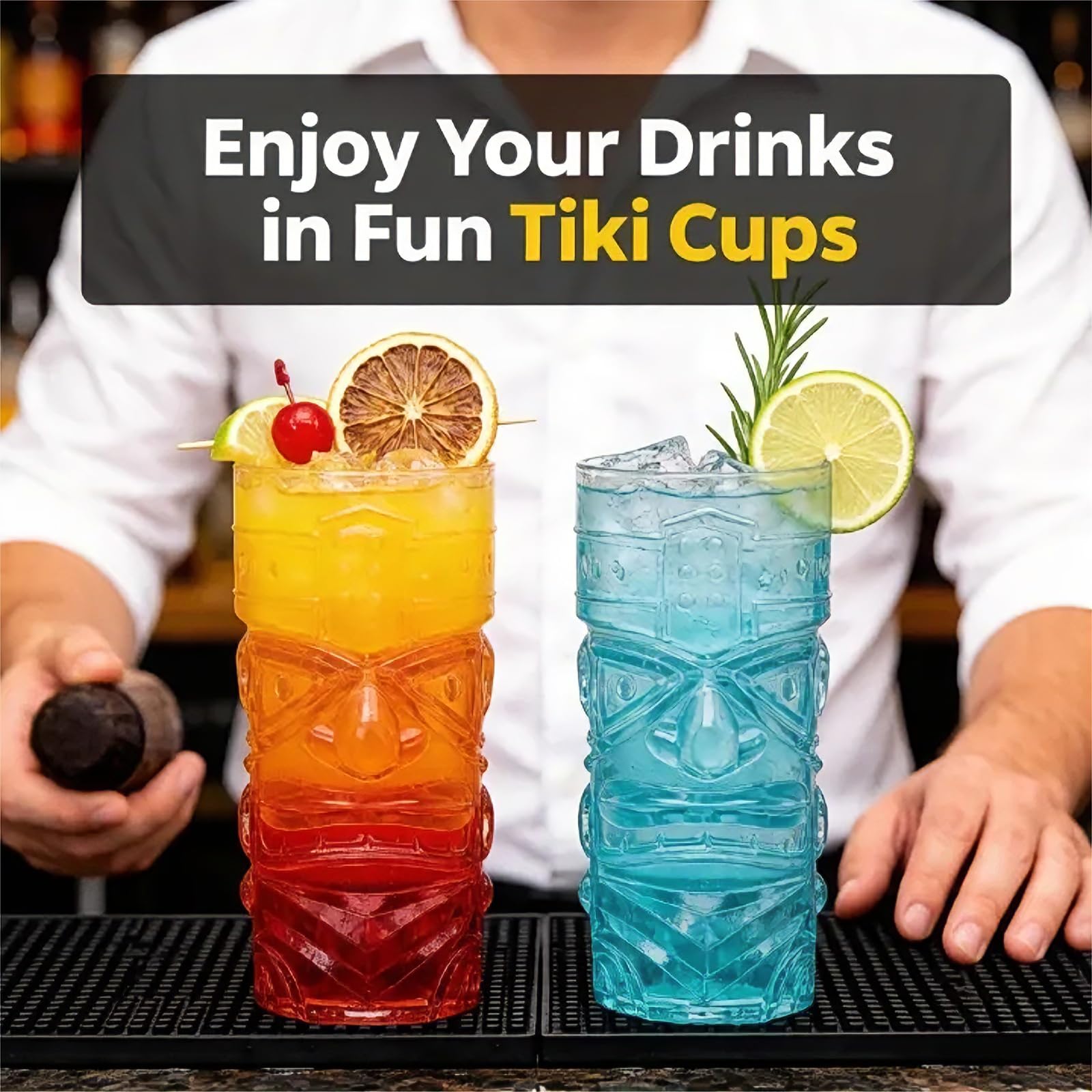 Okllen Paquete de 8 vasos Tiki de plástico, tazas de cóctel Tiki transparentes de 16 onzas, vasos elegantes y trapicales para beber para bar moderno, fiesta hawaiana, suministros de fiesta Luau
