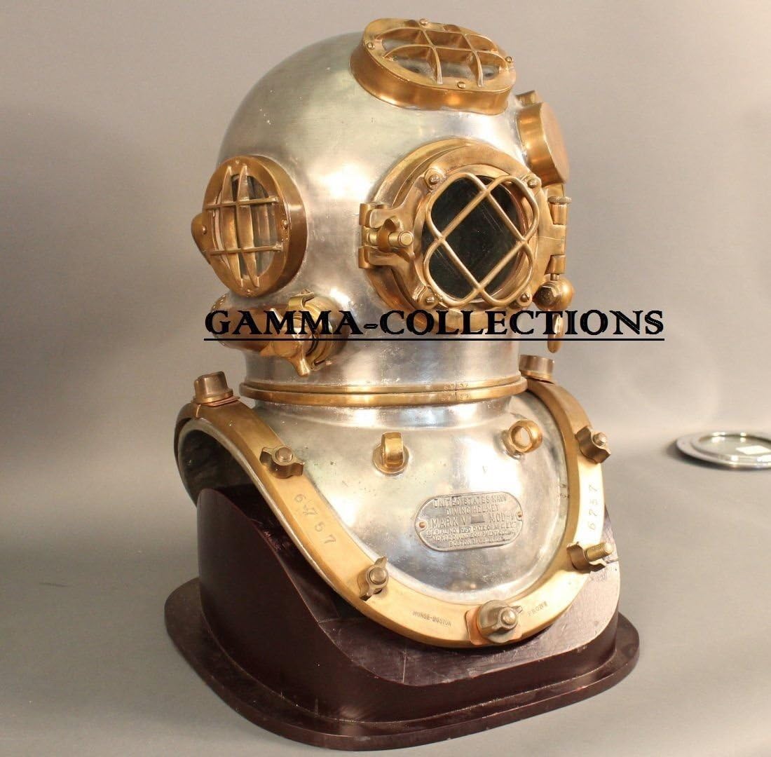 Vintage Brass Diving Divers Helmet Steel Antique Mark V Full Size w Wooden Base