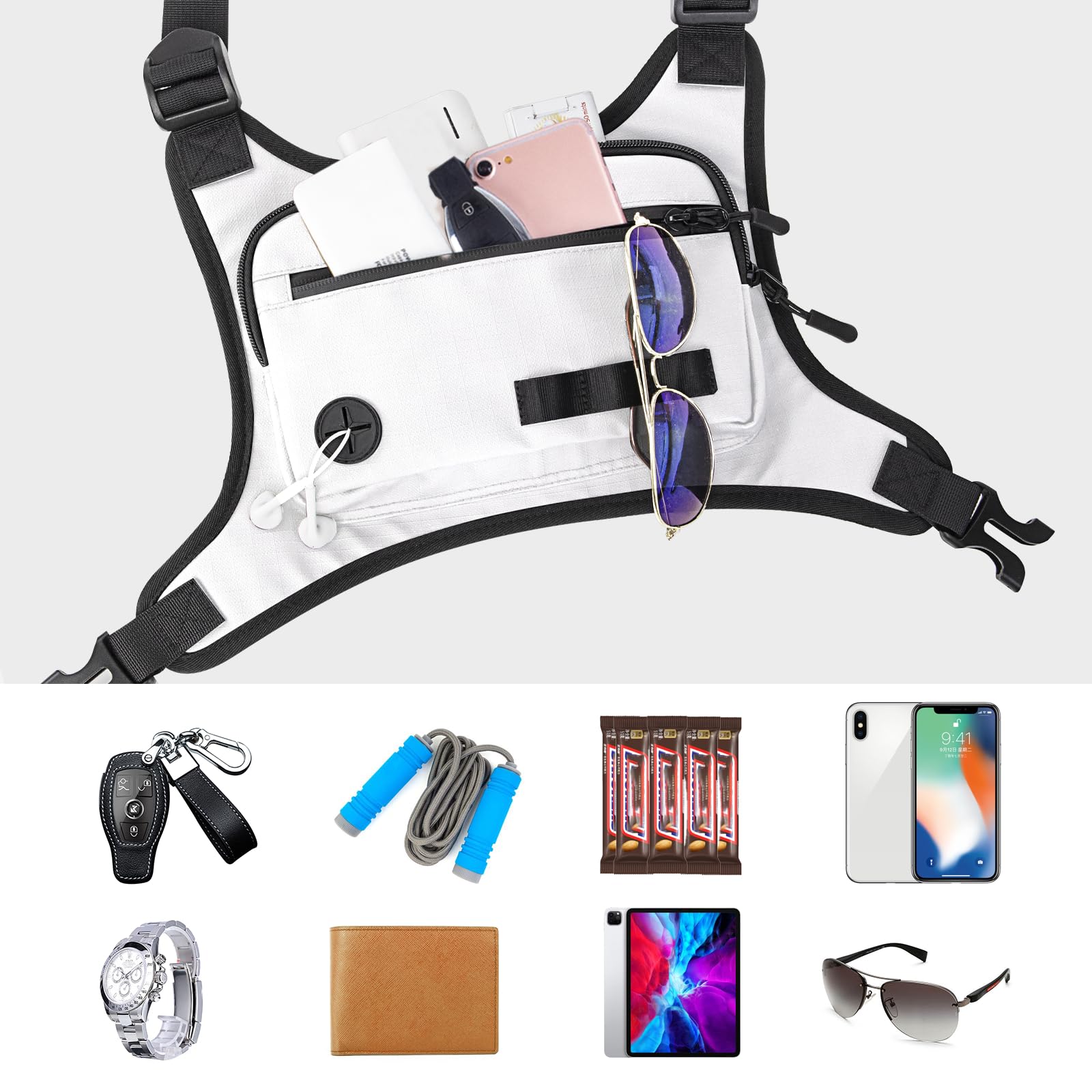 KINGSLONG Tasca sul petto da uomo, leggera, tattica, borsa sportiva, borsa a tracolla, impermeabile, con tasca e spazio aggiuntivo per traning, corsa, ciclismo, escursioni, viaggi, campeggio, bianco
