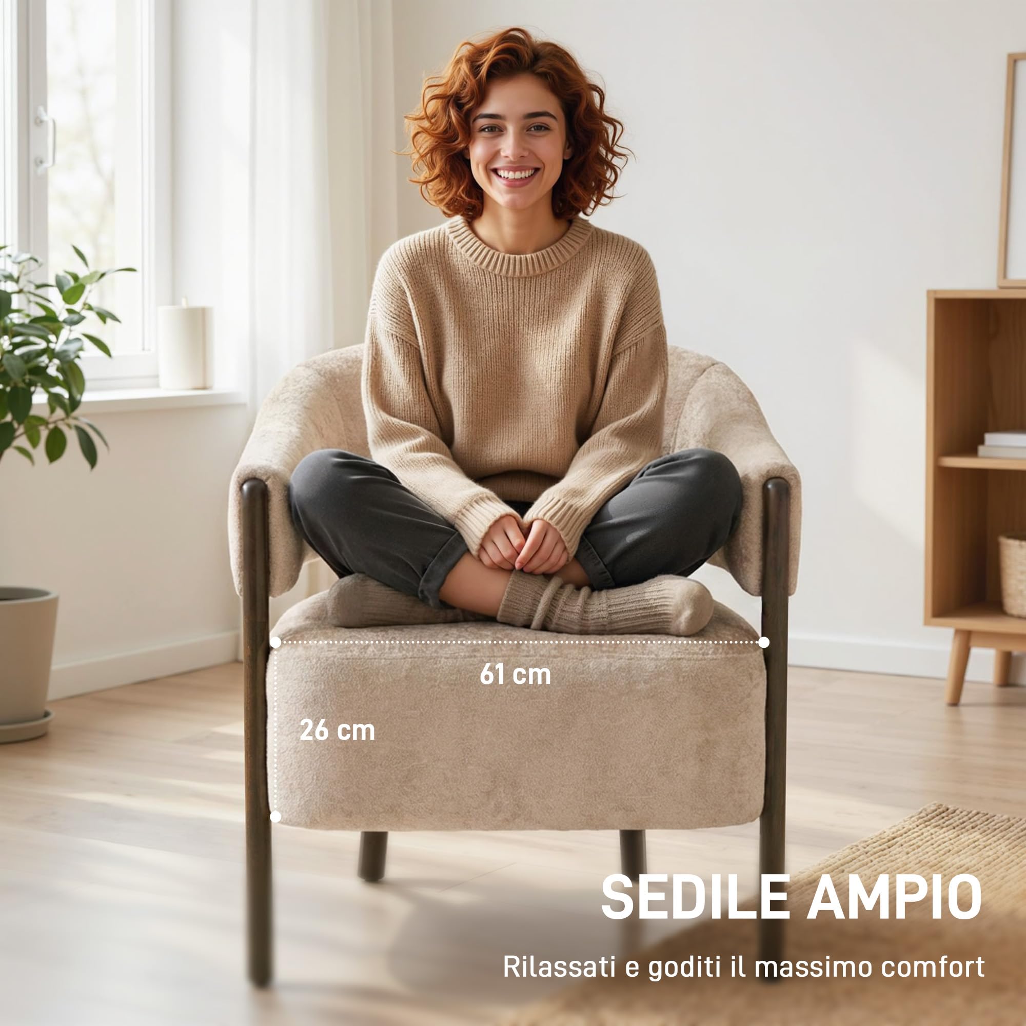 HOMCOM Poltrona Salotto Elegante in Ciniglia Poltroncina Moderna Beige | Struttura e Gambe in Legno Massello, per Soggiorno e Camera da Letto