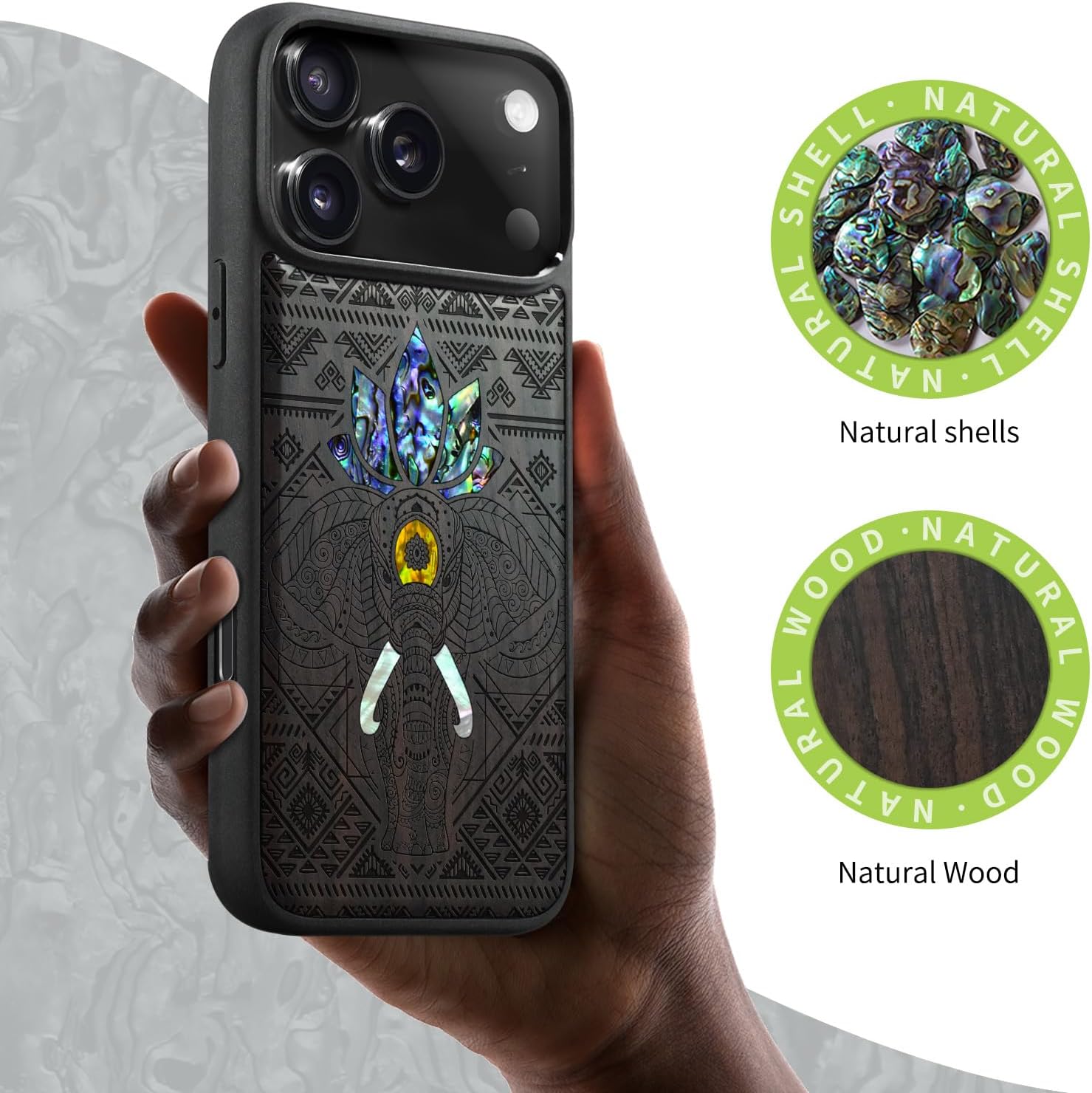 Carveit Magnetic Case for iPhone 17 Pro Max Case, Wood Artisan Engraved & Handmade Shell Inlaid, TPU Shockproof Cover, Compatible with MagSafe Wireless Chargers (African Elephant-Blackwood)