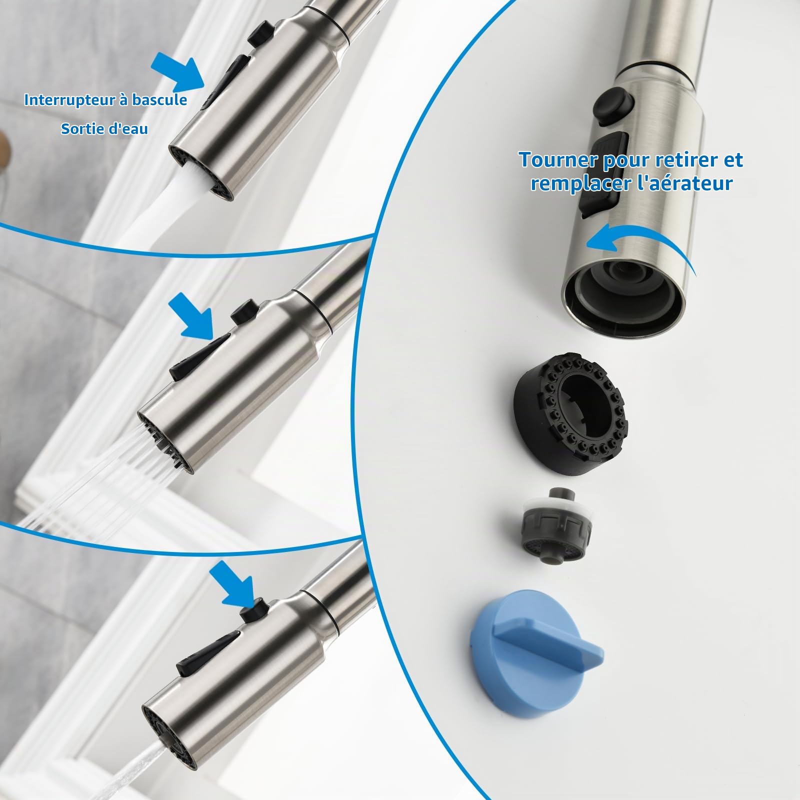 Robinet Cuisine 3‑en‑1 Filtre Lave-verres, Douchette Extractible Double jet | Mitigeur Cuisine avec Douchette,Mynaiad acier 304 Brossé, évier 3 voies, Rotation 360° Adapté Cuisine