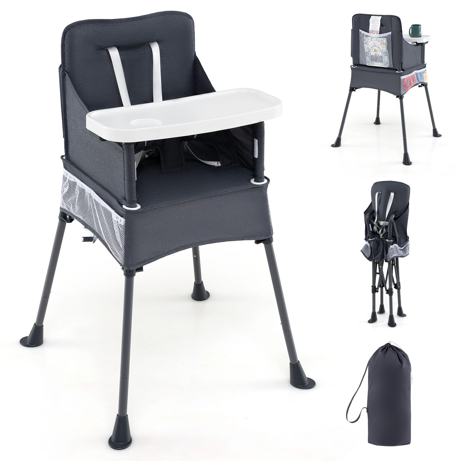 COSTWAY Trona de Bebe Portátil, Silla Plegable para Bebé con Bandeja Ajustable en 2 Niveles, Cinturón de Seguridad y Aberturas Ajustables para las Patas, Bolsillos de Malla, Trona Plegable