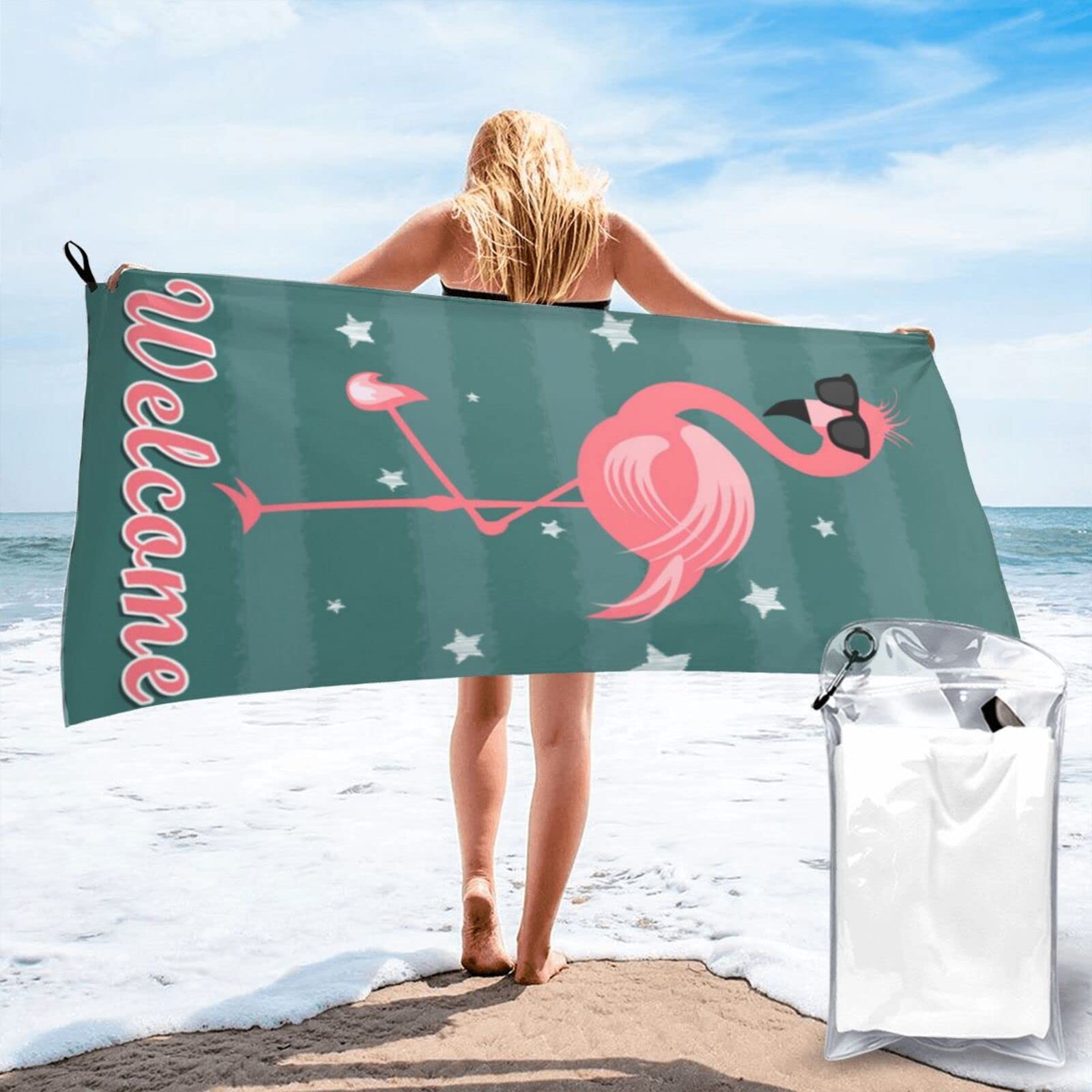 Lawenp Welcome Flamingos Microfiber Beach Towel Adults Large Quick Drying Bath Towel Travel Towels with Pouch 31.5"x63"