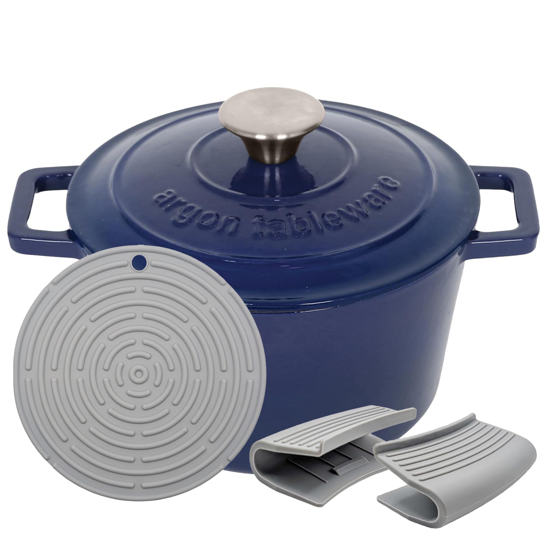 Argon Tableware Round Cast Iron Casserole Dish with Self-Basting Lid - 2.8L - Midnight Blue - 1x Induction Hob Cooking Dutch Oven Bread Baking Serving Roasting Stew Stock Pot Cookware Pan