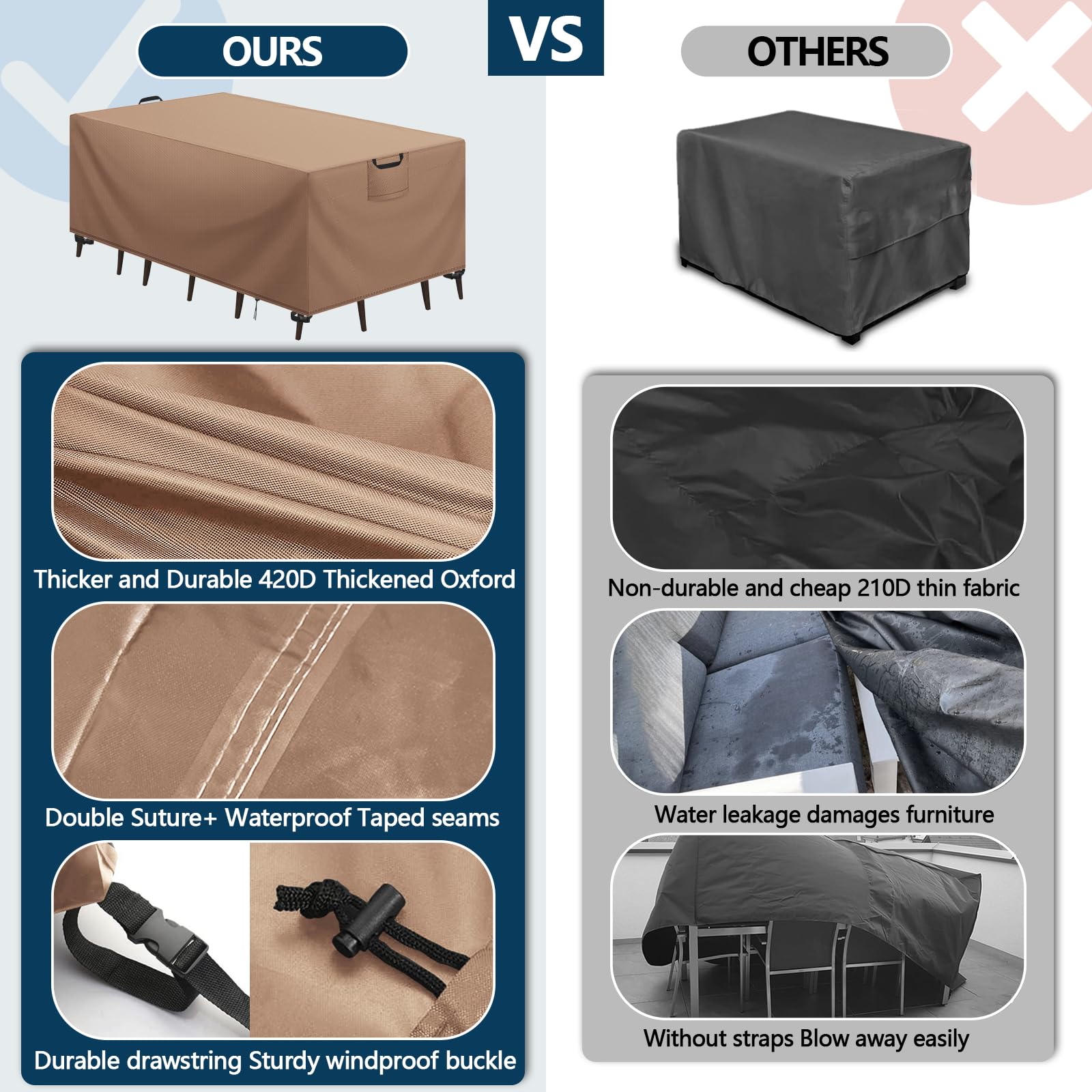 Abdeckung Gartenmöbel Winterfest, Wasserdichte Schutzhülle Gartenmöbel 420D Oxford Anti-UV Abdeckplane für Gartentische Terrassenmöbel Regenschutz und Staubfest Abdeckhaube Khaki 242x162x100cm