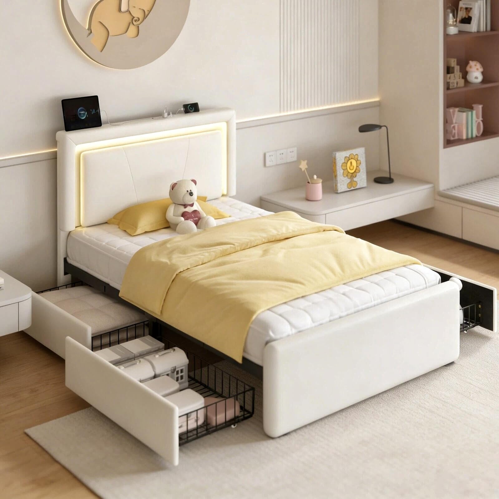 Twin Size Bed Frame with 4 Storage Drawers, LED Light, White Upholstered